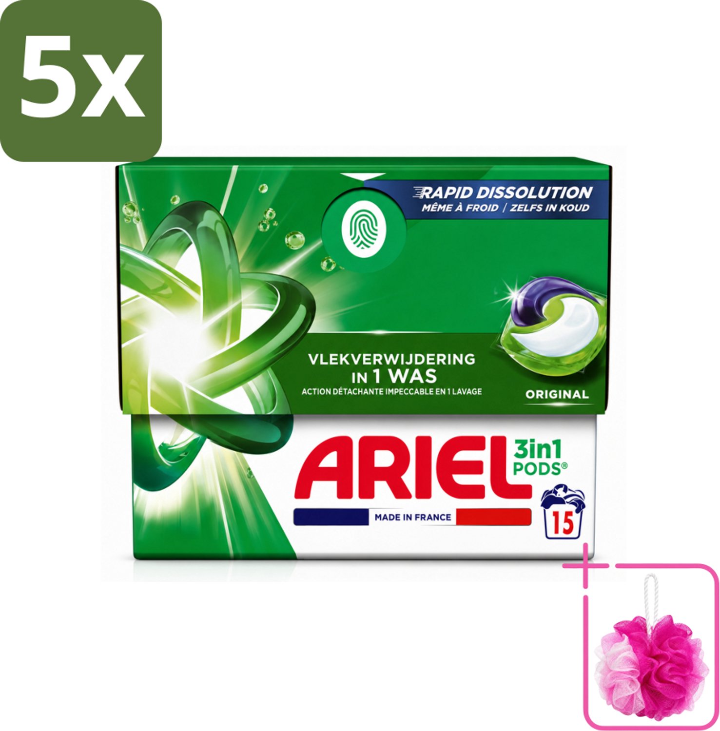5 x Ariel - 3in1 Wasmiddel Pods - Original - 15 Pods - Bulkverpakking - Wasmiddel pod - Douchemop - Wasmiddel voor koude was