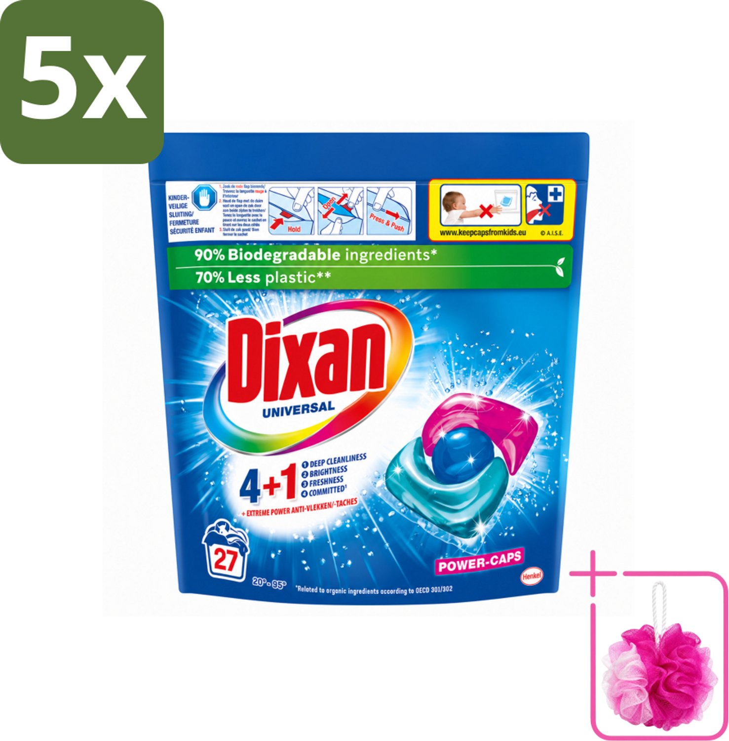 5 x Dixan - Wasmiddelcapsules - Universeel - 27 wasbeurten - Bulkverpakking - Wasmiddel - Douchemop - Wascapsules