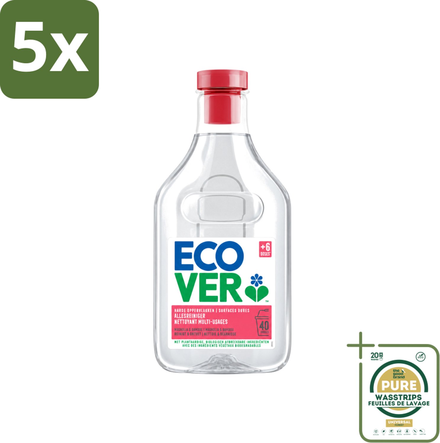 5 x Ecover - Allesreiniger - Magnolia & Bamboe - 1 liter - Wasstrips - Allesreiniger - Natuurlijke Reiniger - Plantaardige Reiniger - Ecologische Reiniger - Frisse Geur