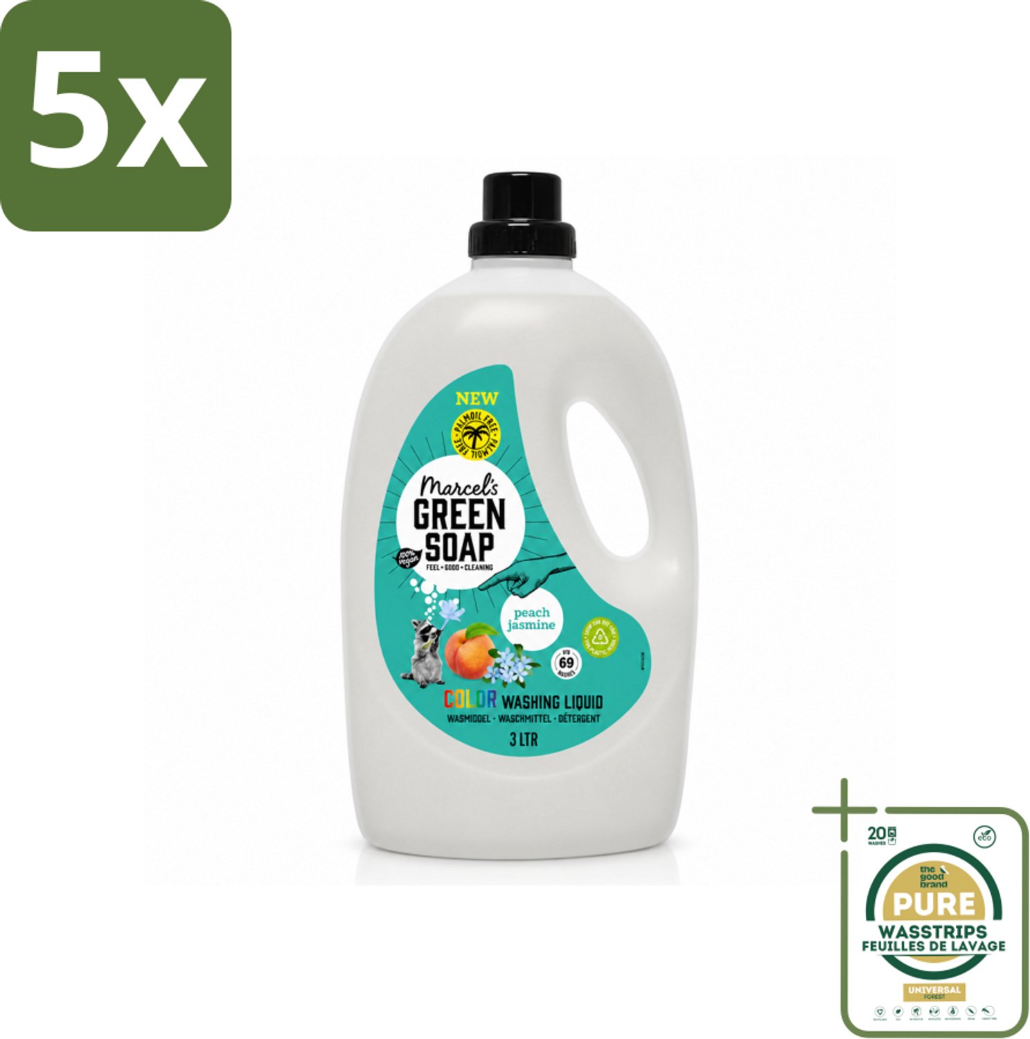 5 x Marcel's Green Soap - Vloeibaar Wasmiddel - Kleurwas - Perzik & Jasmijn - Natuurlijk & effectief - 69 wasbeurten - 3 liter - Wasstrips - Vloeibaar Wasmiddel - Geel Wasmiddel - Geur Wasmiddel - Gezond Wasmiddel - Duurzaam Wasmiddel