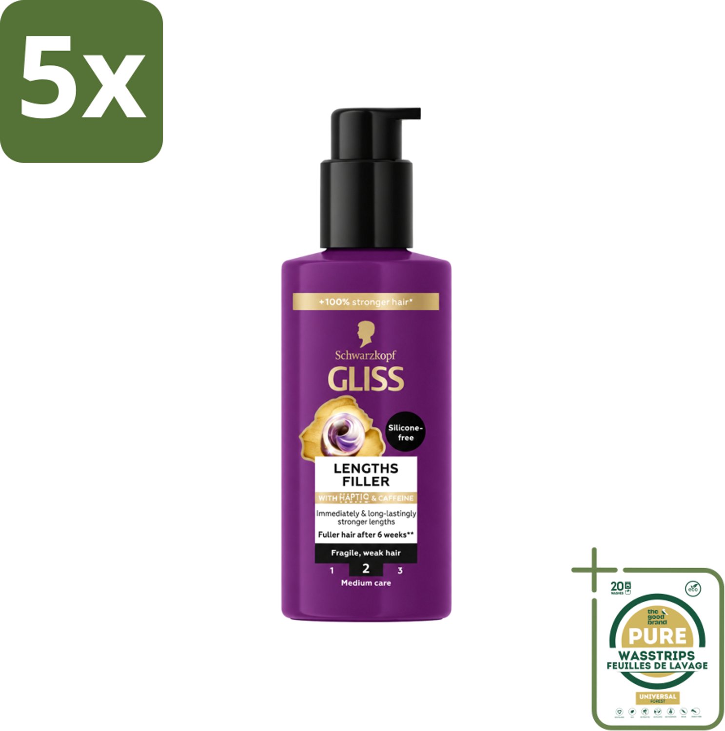 5 x Gliss - Haarserum - Lengths Filler - Siliconenvrij met Cafeïne - Voor Sterker Haar - 100 ml - Wasstrips - Haarserum - Sterker Haar - Haarversterking - Haarbreuk Voorkomen - Cafeïne Haarserum