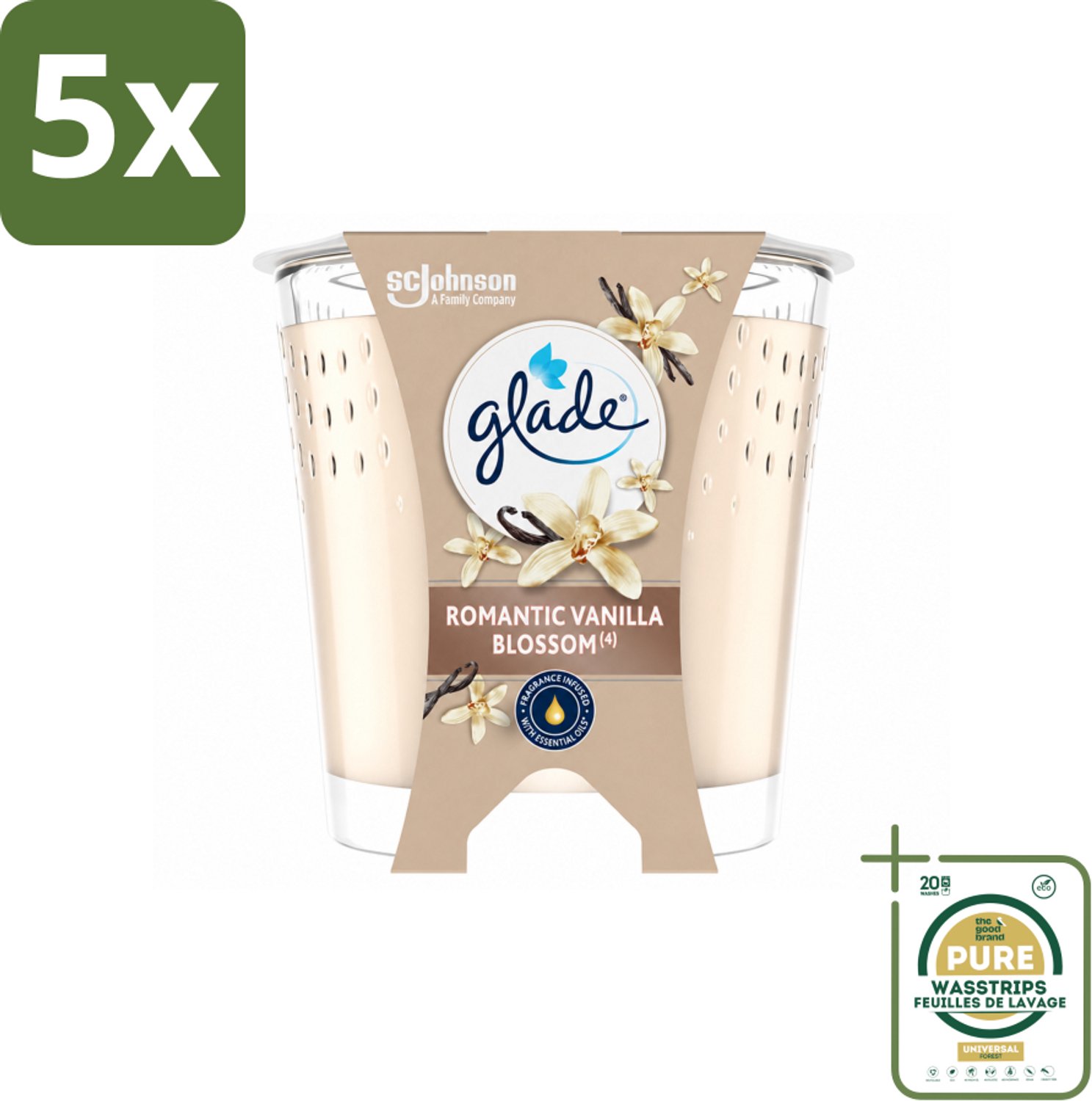 5 x Glade - Geurkaars Romantic Vanillebloesem - 100% Raapzaadwas & Vegan - 112 g - Wasstrips - Geurkaars - Geur - Kaars - Vegan - Duurzaam