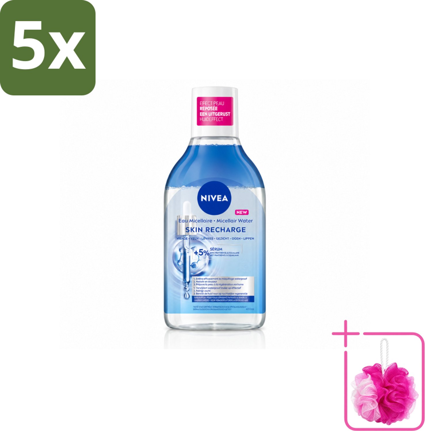5 x NIVEA - Micellair Water - Serum Verrijkt Opladend - Verwijdert Waterbestendige Make-up - 400 ml - Bulkverpakking - Micellair water - Douchemop - Gevoelige huid