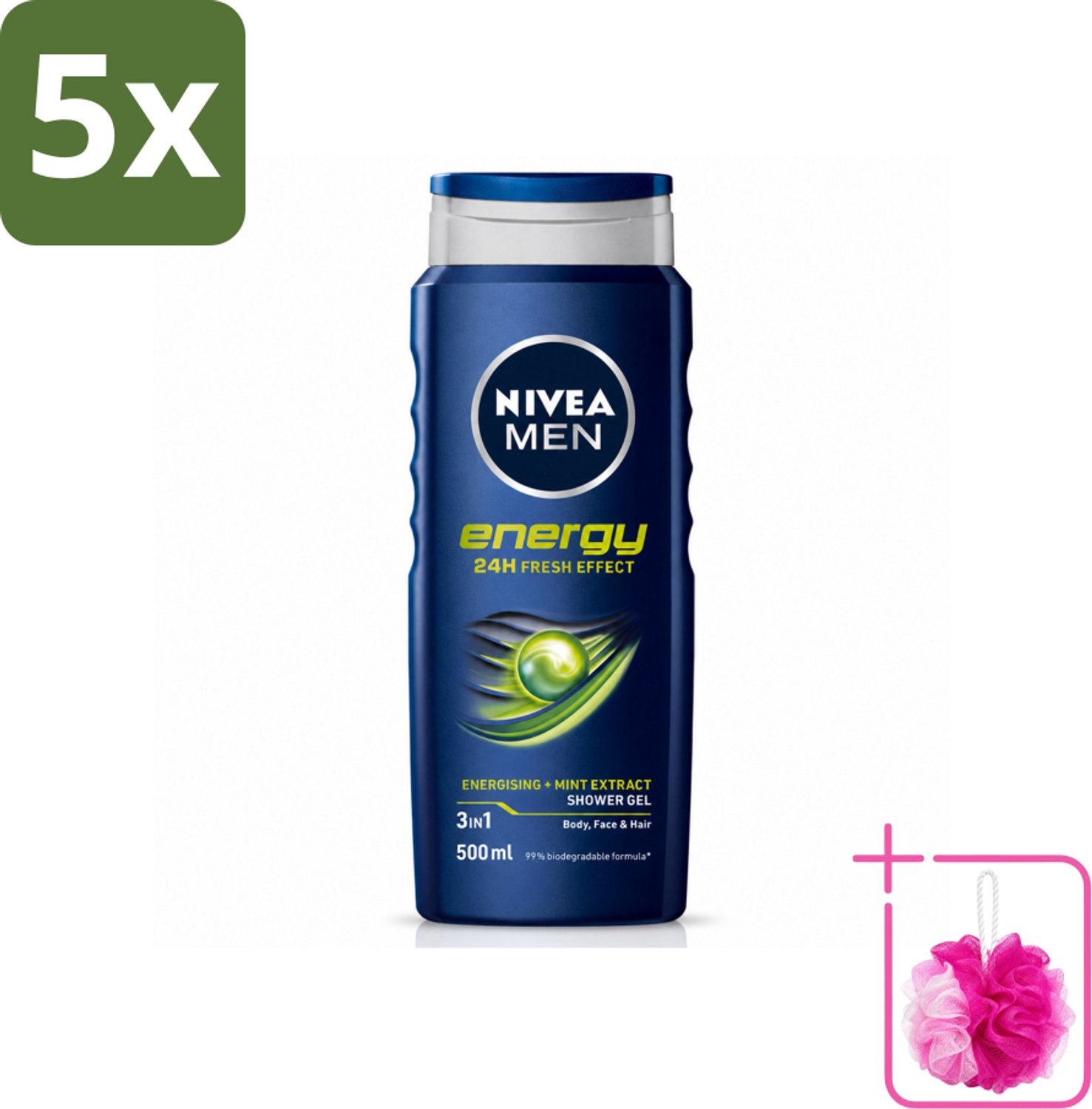 5 x NIVEA MEN - Douchegel - Energy - 500 ml - Bulkverpakking - Douchegel - Douchemop - Energie