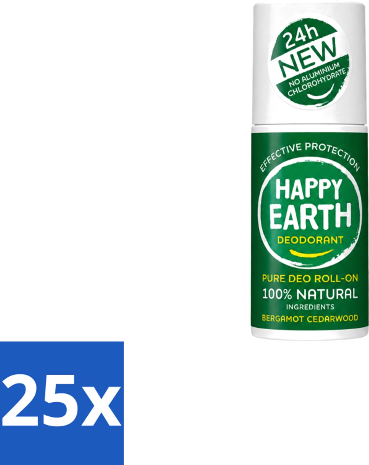25 x Happy Earth – Deodorant Roll-On – 100% Natuurlijk Bergamot Cedarwood – 75 ml - Voordeelverpakking - 25 stuks