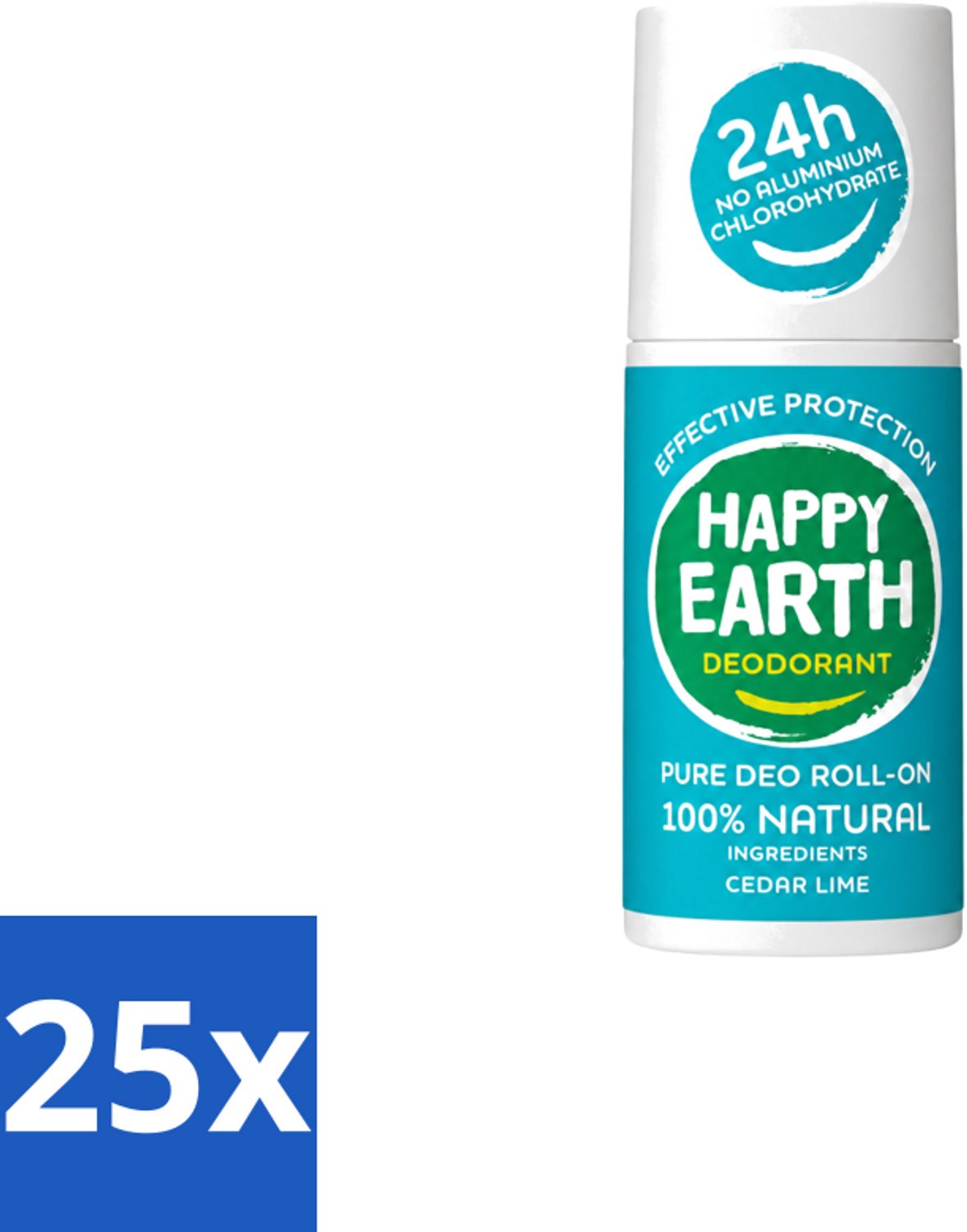 25 x Happy Earth – Deodorant Roll-On – 100% Natuurlijk Cedar Lime – 75 ml - Voordeelverpakking - 25 stuks