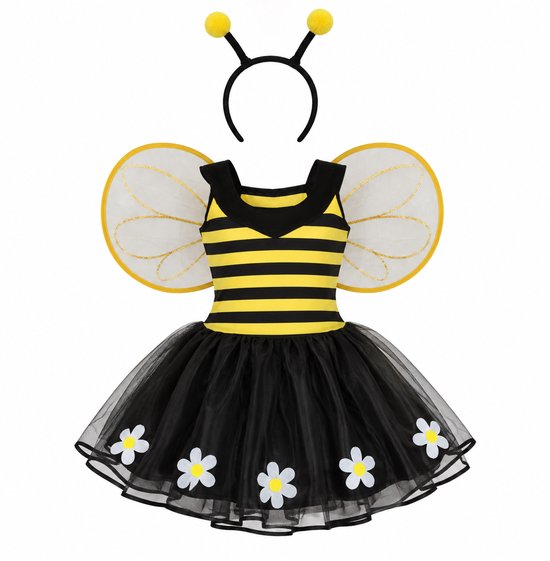 Bijenkostuum met geel-zwarte strepen, tule rok met witte bloemen, doorzichtige vleugels en een haarband met voelsprieten.