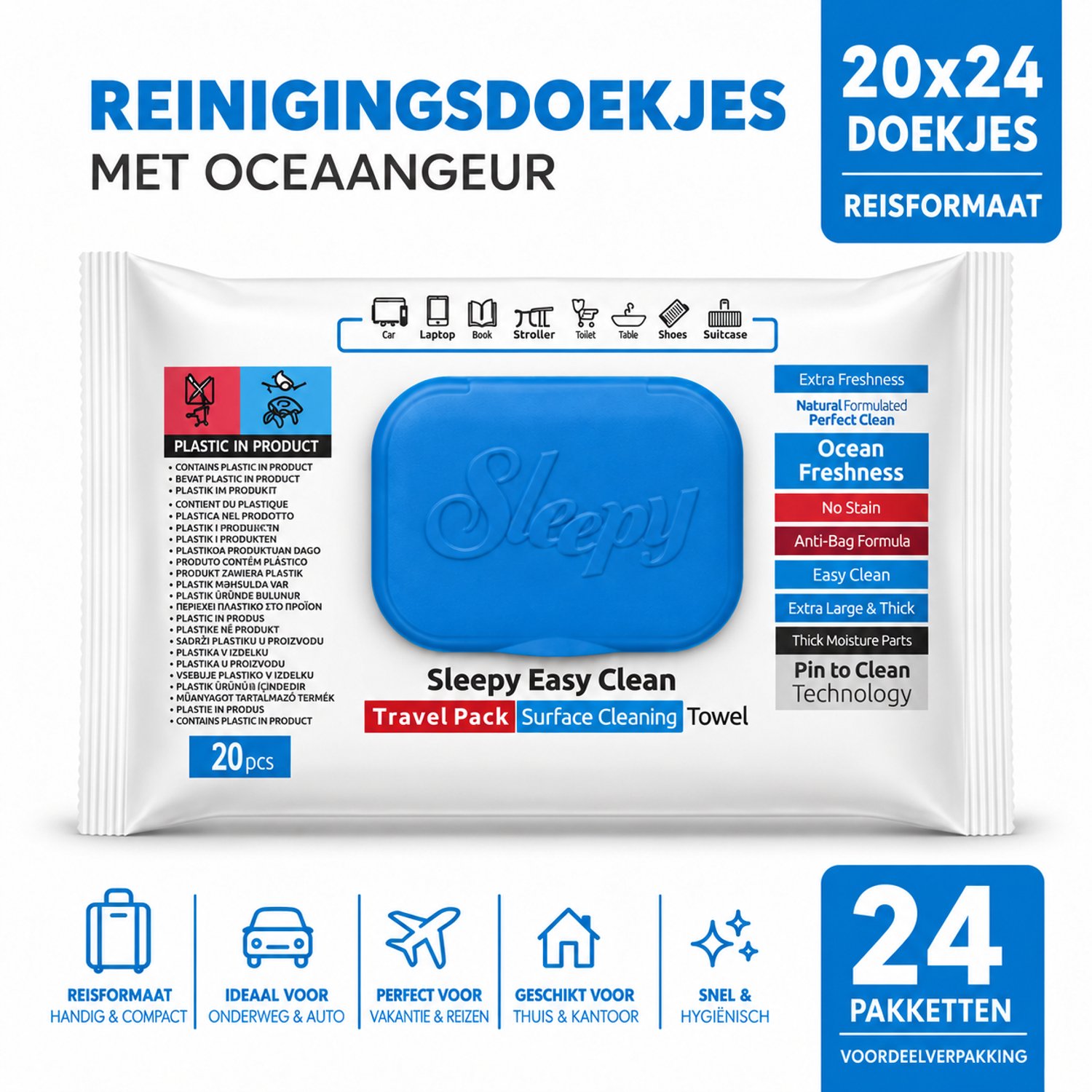 Sleepy Easy Clean Travel Pack Schoonmaakdoekjes Oceaanfris 24 x 20 Stuks (480 Doekjes) – Vochtige Reinigingsdoekjes voor Thuis, Auto, Camping & Reizen