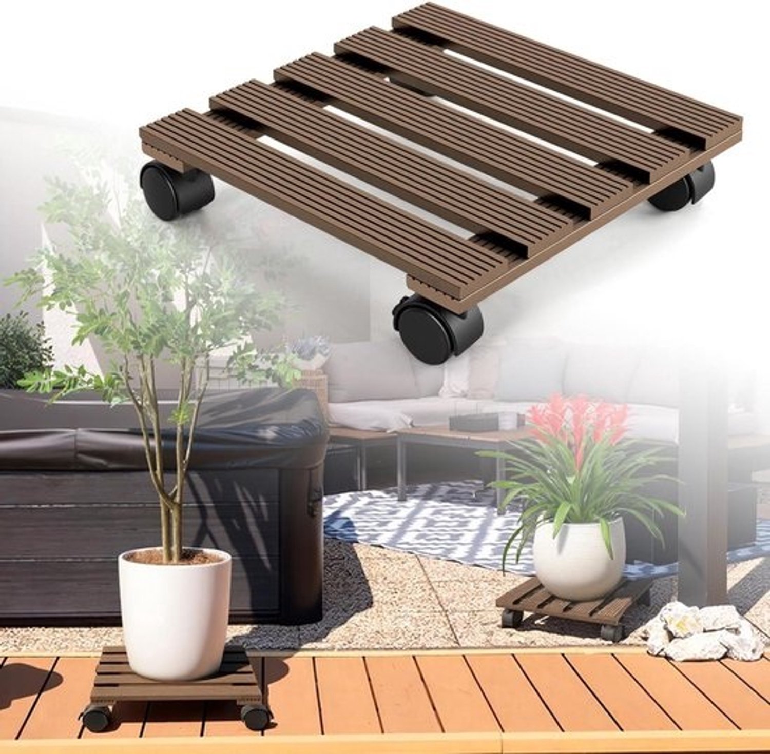 Plantenroller vierkant - Plantenstandaard met wielen - Planten verplaatsen - Weerbestendig WPC materiaal - 30 x 30 cm - Bruin