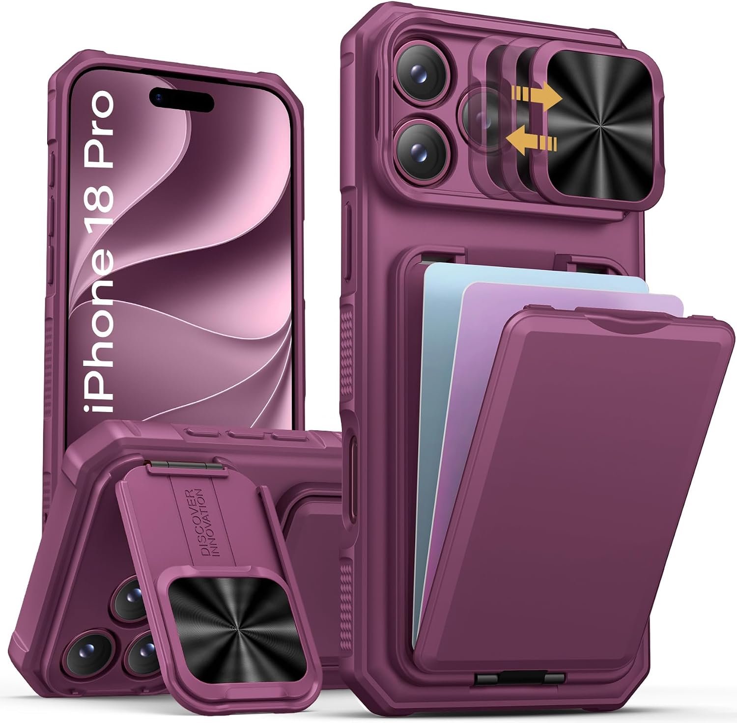 Zandarix Hoesje Geschikt voor Apple iPhone 18 Pro - Schuifbare Cameralens bescherming - Militaire Valbescherming - Kaarthouders - Back Cover Hoesje - Burgundy