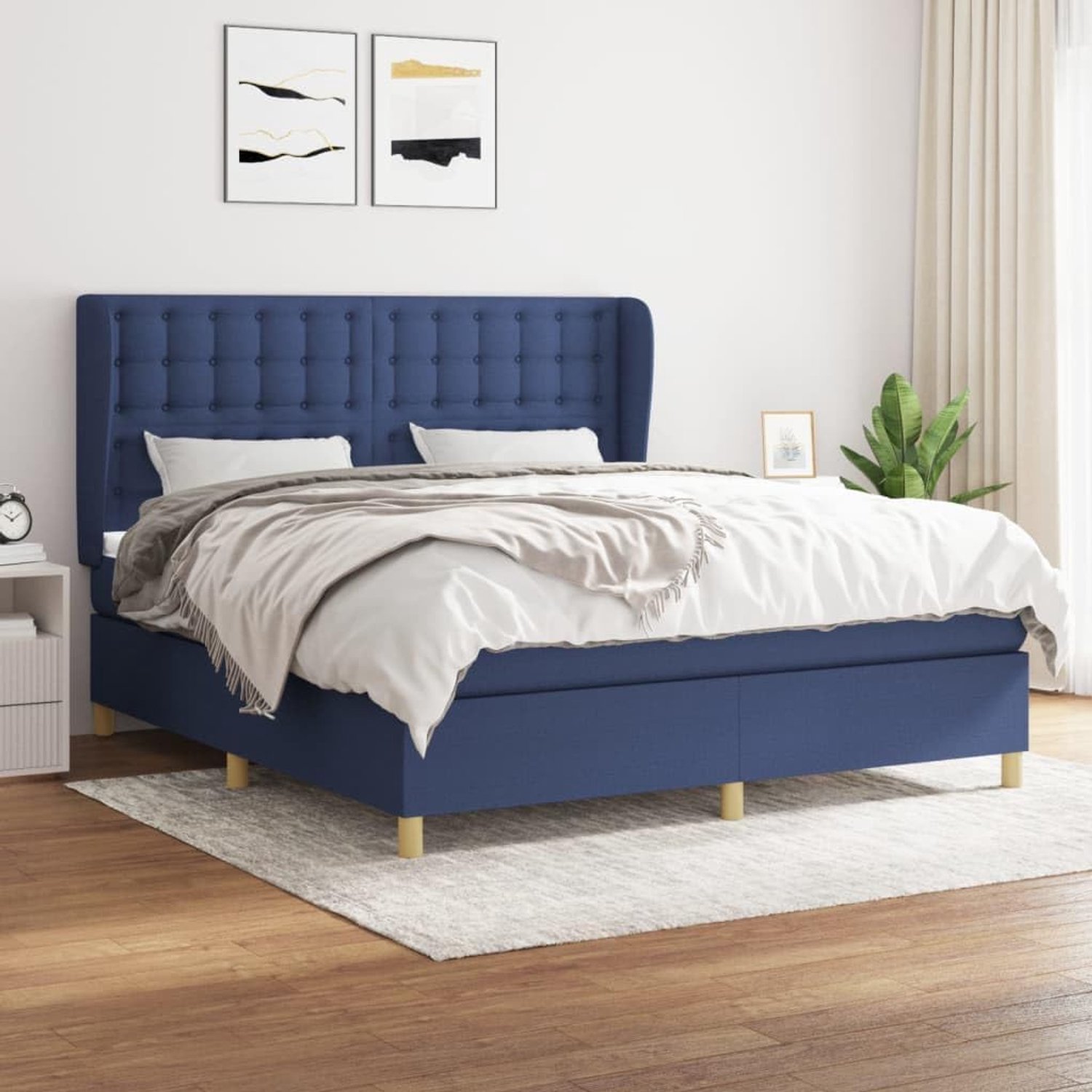 Boxspring met matras stof blauw 160x200 cm pocketvering hoofdbord verstelbaar medium hard matras ademend duurzaam topmatras voor rug en buikslapers slaapkamer