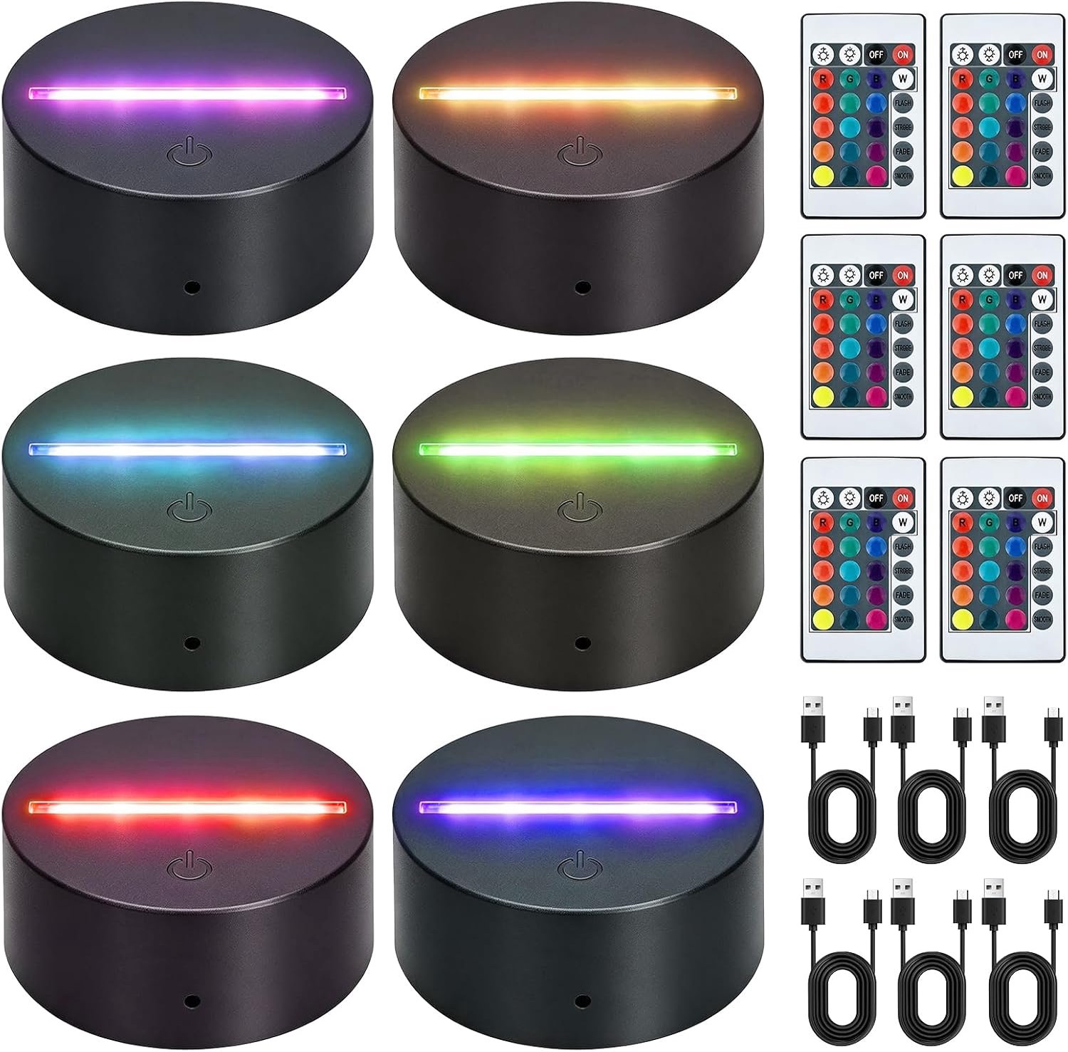 6 stuks 3D-led-lampvoet, lichtsokkel met afstandsbediening en USB-kabel, 16 kleuren, verstelbaar, led-lichtvoet, decoratieve lampvoet voor slaapkamer, bar, hal, café, winkel (zwart)