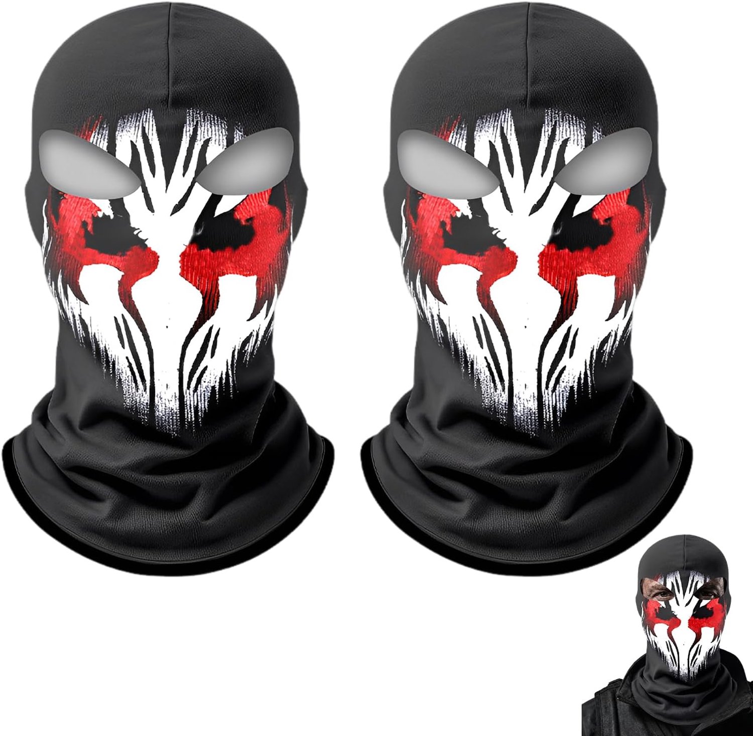 2 stuks rood-wit spuitverf gradient skelet bivakmuts met artistieke skull print – elastische ijszijde gezichtsmasker unisex, ademend en sneldrogend, voor motor, outdoor en Halloween cosplay