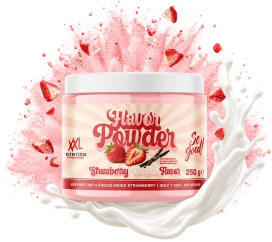 Pot de poudre aromatisante XXL Nutrition saveur fraise-vanille entouré d'une explosion de fraises et d'éclaboussures de lait.