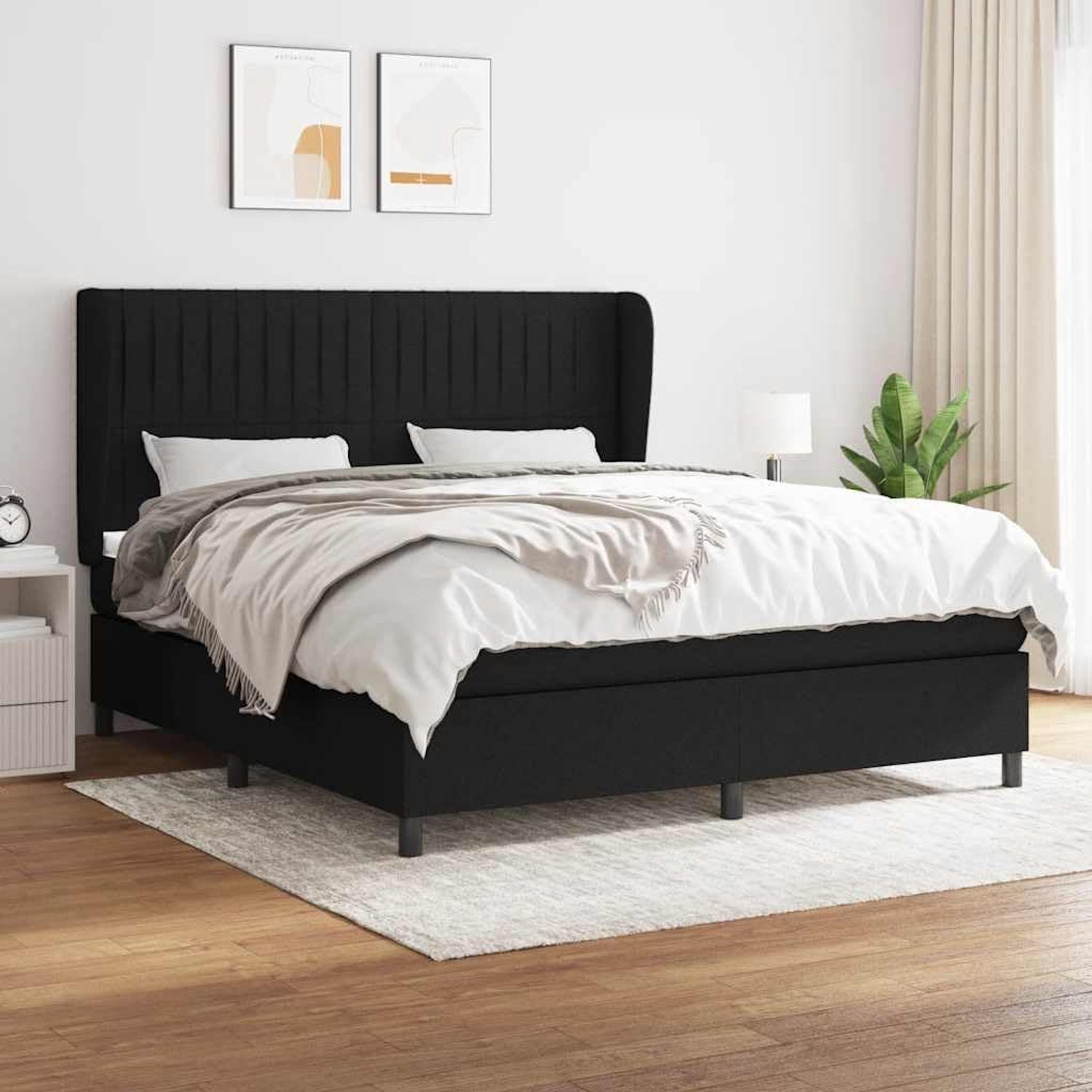Boxspring met matras stof zwart 160x200 cm pocketvering hoofdbord verstelbaar medium hard huidvriendelijk topmatras duurzaam ademend voor rug- en buikslapers ideale nachtrust