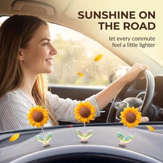 7 stuks autodecoratie met zonnebloemen en bloemen, auto-accessoires voor dashboard, ornamenten met beweegbare zwenkveer, inclusief stickers zonder markeringen — cadeau in Wonen & Interieur - foto 7