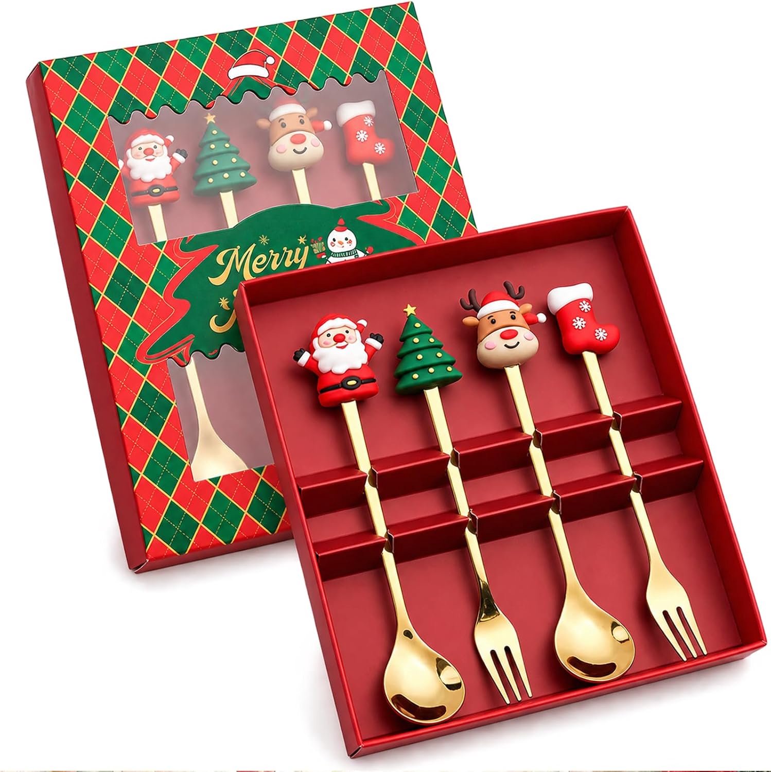 4-delige kerstlepelset, kerstbestek, goud RVS
