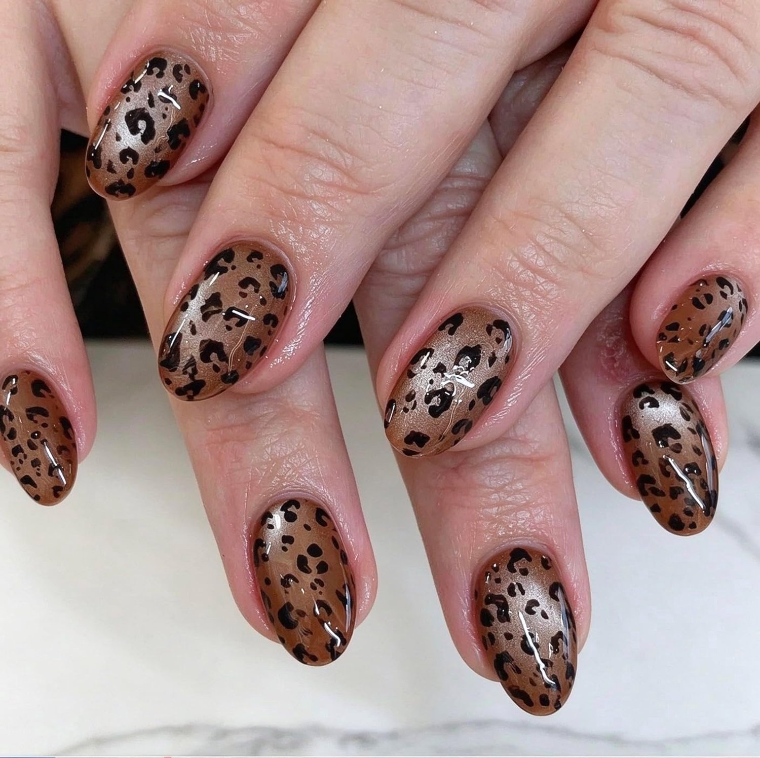 Kunstnagels, amandel luipaard cat eye herfst winter press on nails