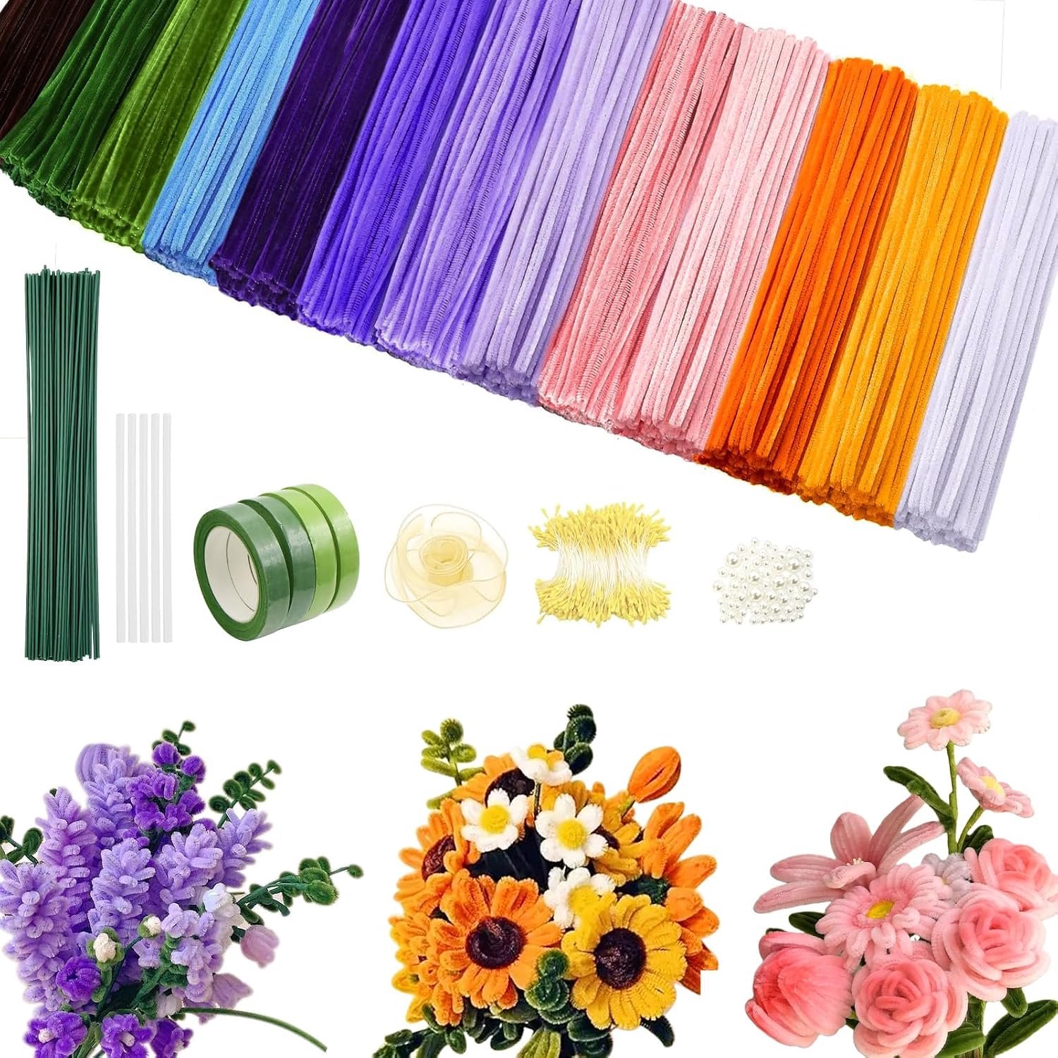 Pijpenreiniger, bloemen, knutselset, 800 stuks, chenilledraad, 30 cm