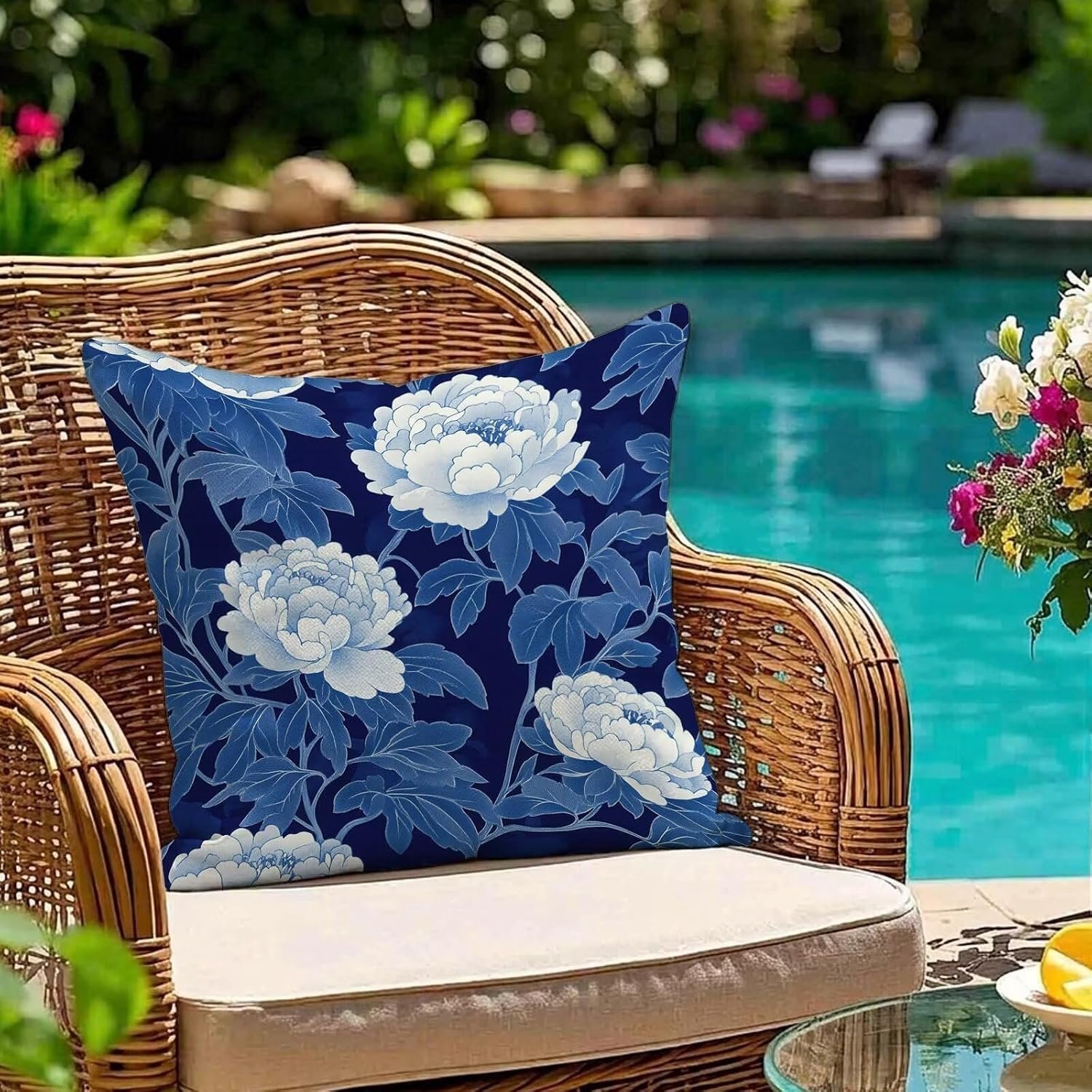 Set van 1 outdoor kussensloop, 55 x 55 cm, weerbestendig, marine-bloemenmotief, tuinkussen, zomer, modern sierkussen, dubbelzijdige print, bankkussen voor balkon, lounge, terras, woonkamer, decoratie