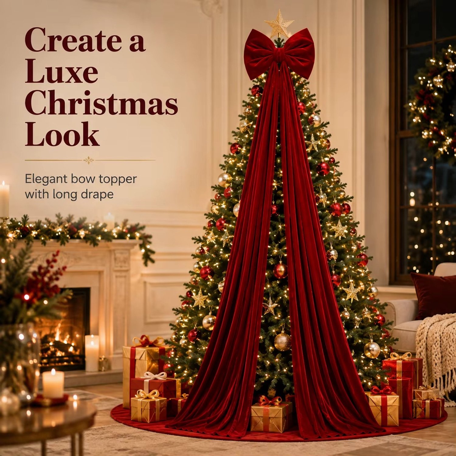 CreateEcom kerstdecoratie voor binnen - kerstboom strik - Lange Linttopper 40x200cm - Elegante Fluwelen Stijl Kerstversiering voor Huis, Winkel, Feestdecoratie - rood