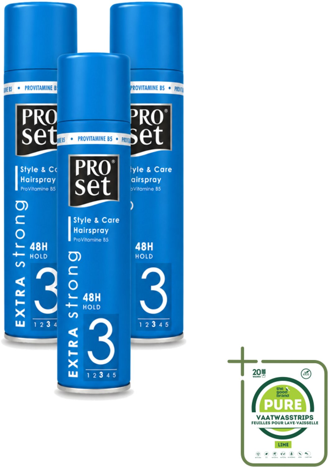 3 x Proset - Haarspray - Extra Sterk - 48 uur Werking - 300 ml - Grootverpakking - Vaatwasstrips - Haarspray - 48 Uur Fixatie - Extra Sterk - ProVitamine B5 - Haarkapsel