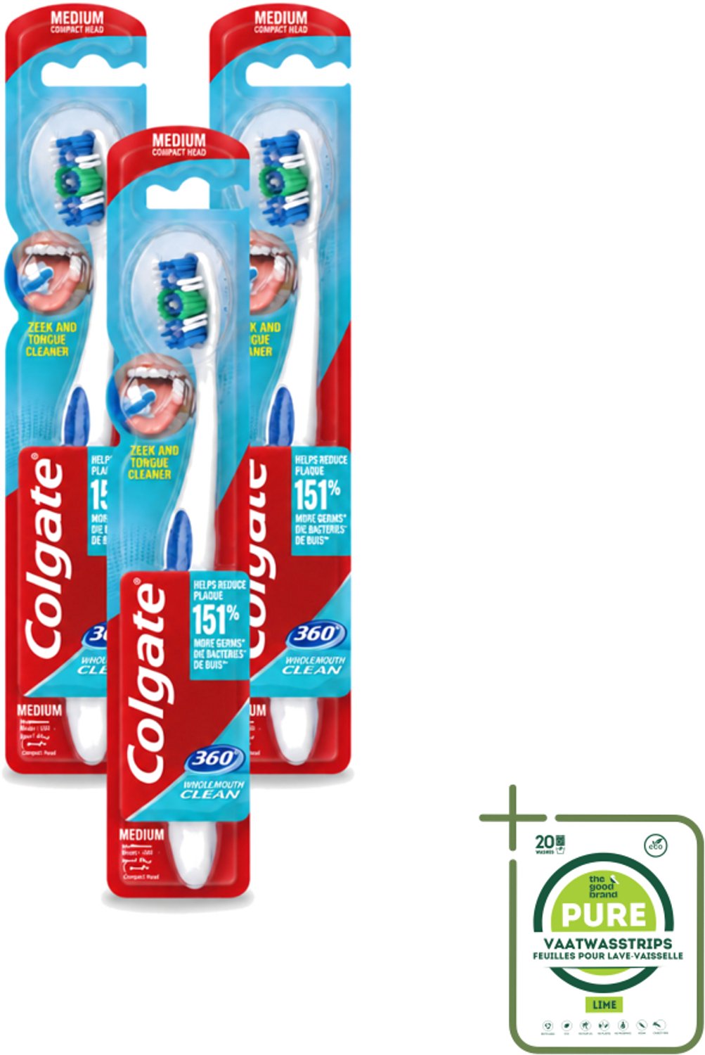 3 x Colgate - Tandenborstel - 360 Whole Mouth Clean Medium - Wit/Blauw - 1 Tandenborstel - Grootverpakking - Vaatwasstrips - Tandenborstel - Mondhygiëne - Tandenpoetsen - Bacteriën - Tandplak