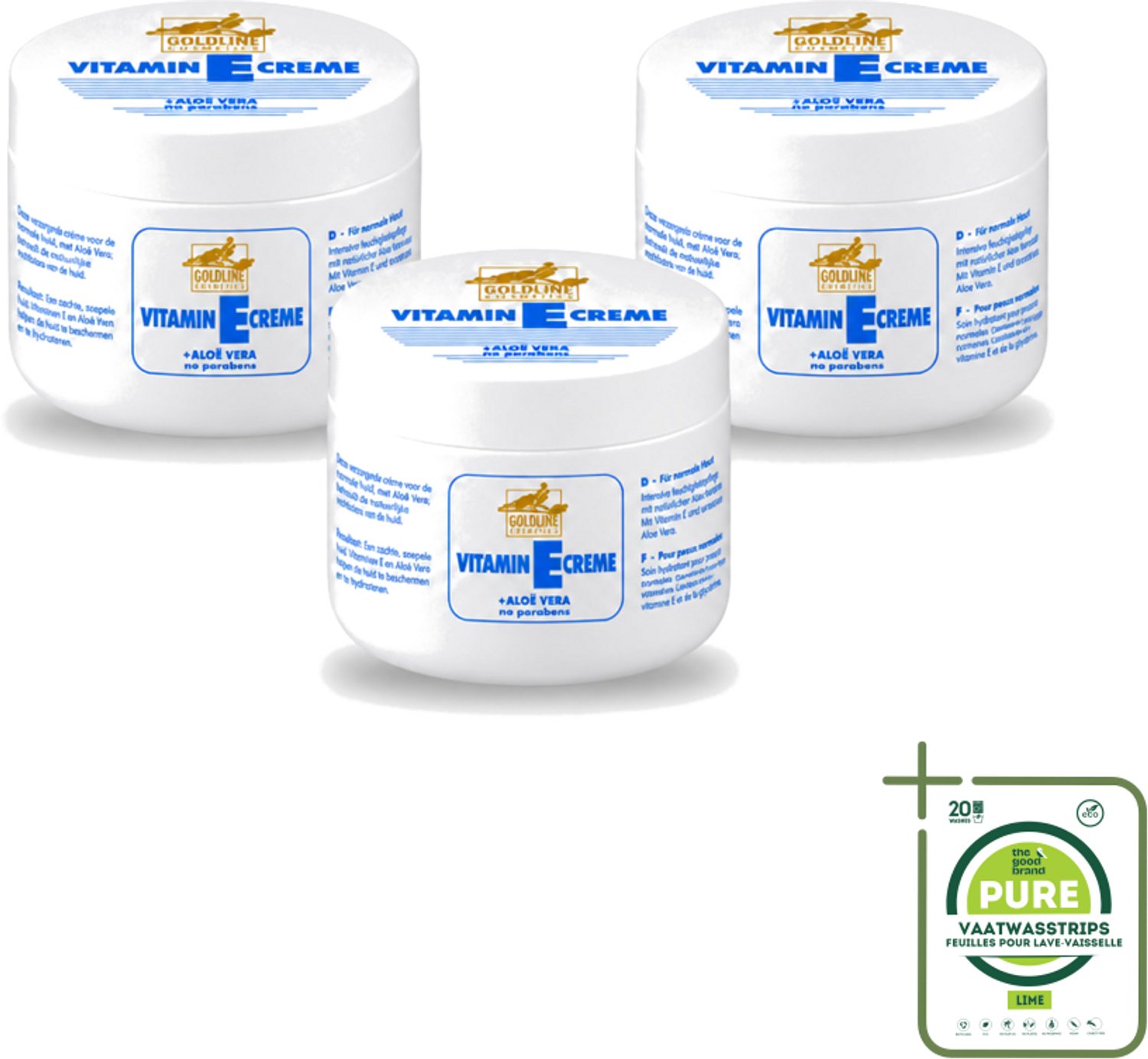 3 x Goldline - Bodycrème - Vitamine-E & Aloë Vera - Normale Huid - Hydraterend - 250 ml - Grootverpakking - Vaatwasstrips - Bodycrème - Vitamine E - Aloë Vera - Hydraterende Crème - Huid Verzorging