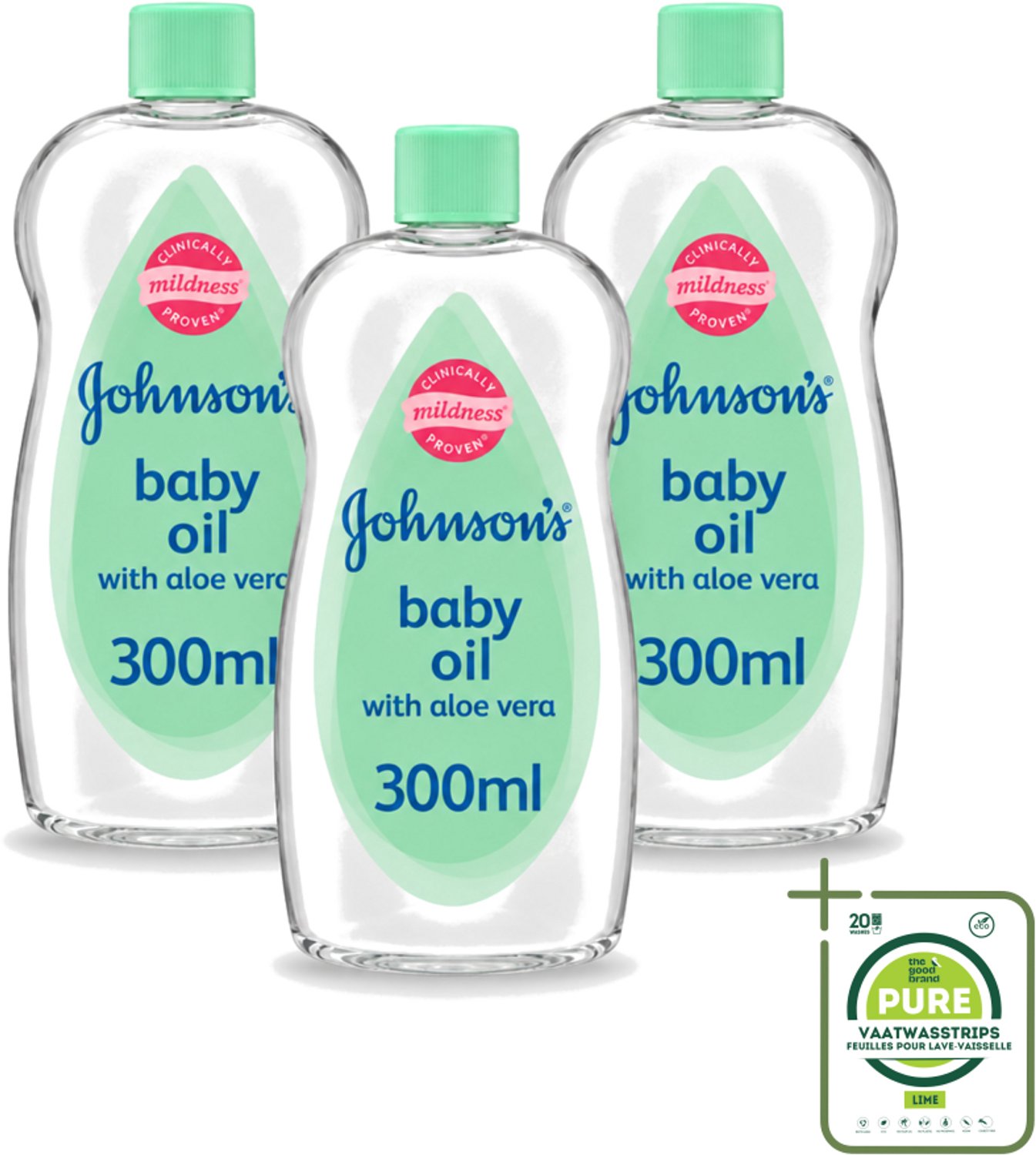 3 x Johnson's - Baby Olie - Aloe Vera - 300 ml - Grootverpakking - Vaatwasstrips - Babyolie - Aloe Vera - Babyhuid Verzorging - Melkkorst Verwijderen - Hydraterende Olie