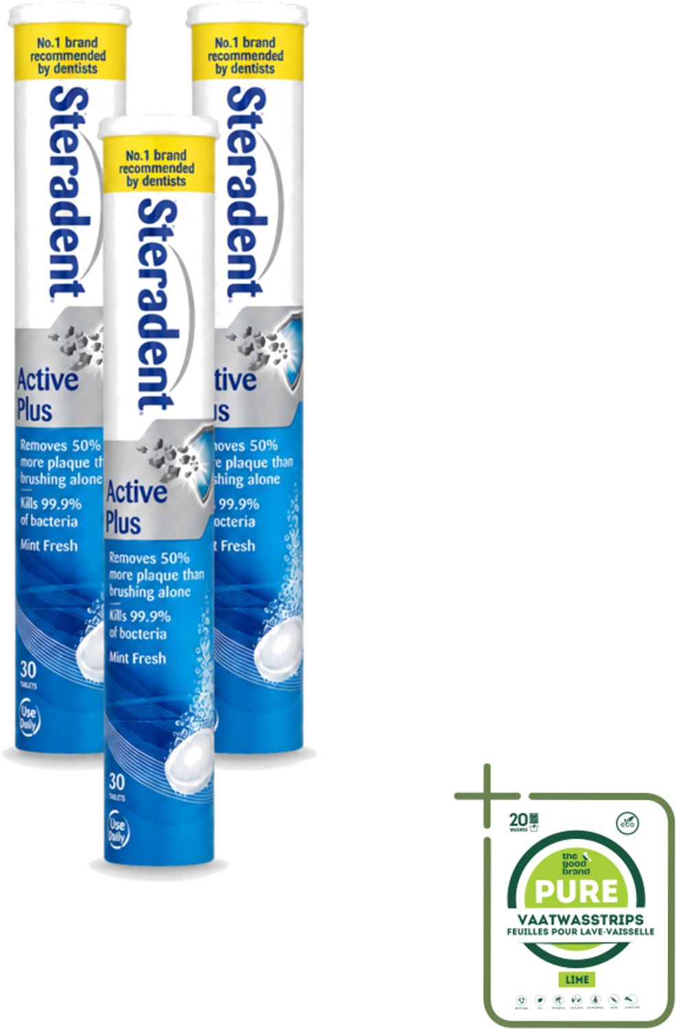 3 x Steradent - Reinigingstabletten - Active Plus - Tegen Tandsteen & Bacteriën - 30 Tabletten - Grootverpakking - Vaatwasstrips - Kunstgebit Reinigen - Tandsteen Verwijderen - Mondhygiëne - Bacteriën Doden - Adem Verfrissen