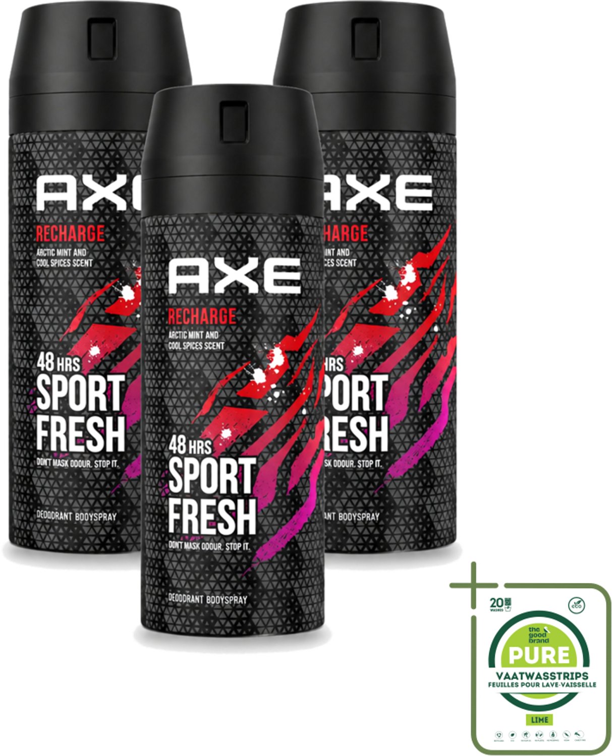 3 x Axe - Deodorant Bodyspray - 48hrs Sport Fresh - Recharge - Arctic Mint & Cool Spices - 150 ml - Grootverpakking - Vaatwasstrips - Deodorant - Bodyspray - Sport Fresh - Axe - Geur