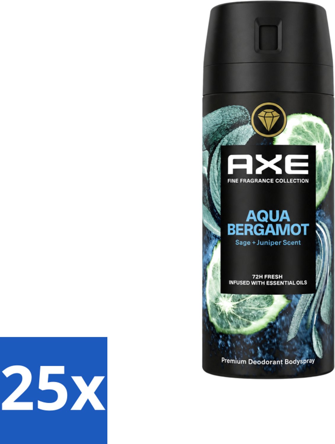 25 x Axe - Deodorant Bodyspray - 72hrs Fresh - Aqua Bergamot - Sage & Juniper - 150 ml - Voordeelverpakking - 25 stuks