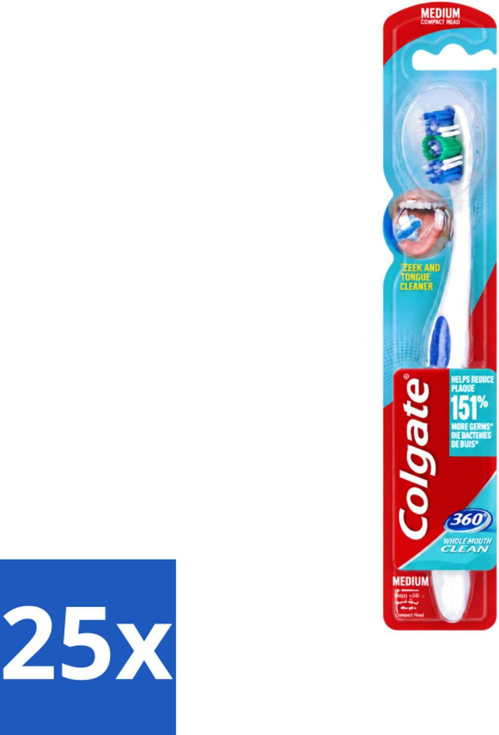 25 x Colgate - Tandenborstel - 360 Whole Mouth Clean Medium - Wit/Blauw - 1 Tandenborstel - Voordeelverpakking - 25 stuks