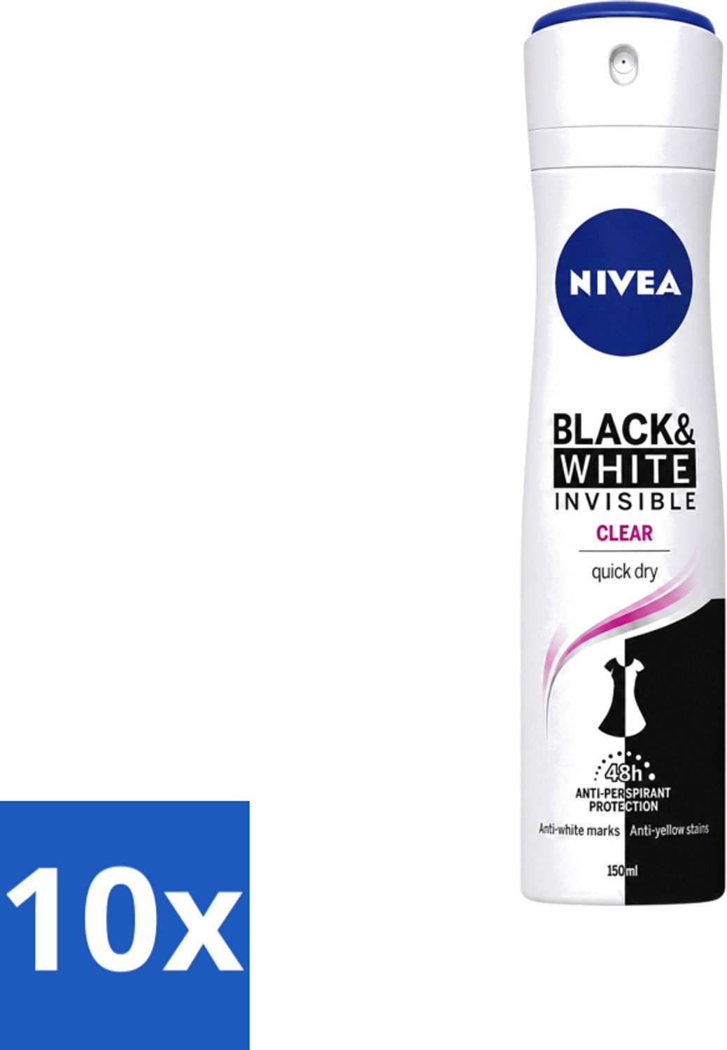 10 x Nivea - Deospray - Invisible Black & White - 48 Uur Lange Bescherming - 150 ml - Voordeelverpakking - 10 stuks