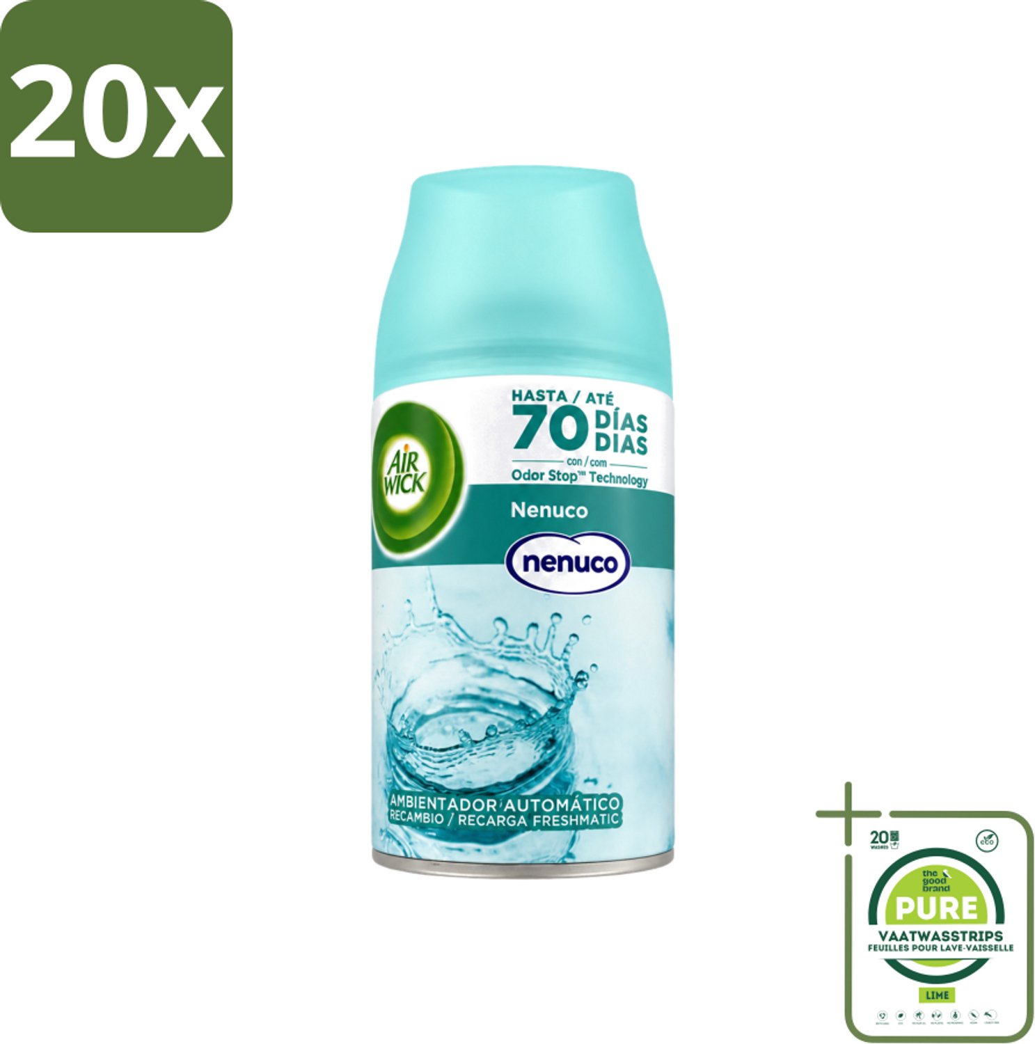 20 x Air Wick - Luchtverfrisser Navulling - Nenuco - Automatische Spray - 250 ml - Grootverpakking - Vaatwasstrips - Luchtverfrisser - Geurverspreider - Nenuco - Automatische Spray - Geurneutralisatie