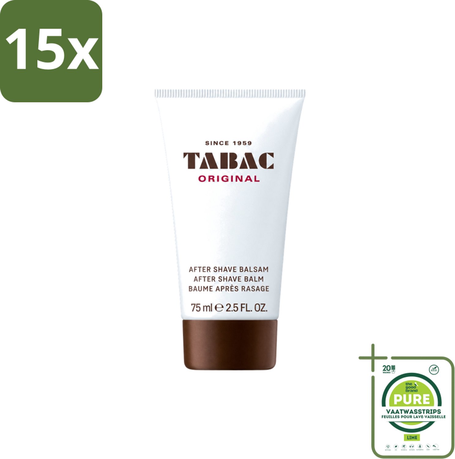 15 x Tabac Original Men - Aftershave Balsem - Verzachtend - 75 ml - Grootverpakking - Vaatwasstrips - Aftershave Balsem - Huid Verzorgen - Huid Kalmeren - Huid Hydrateren - Droge Huid