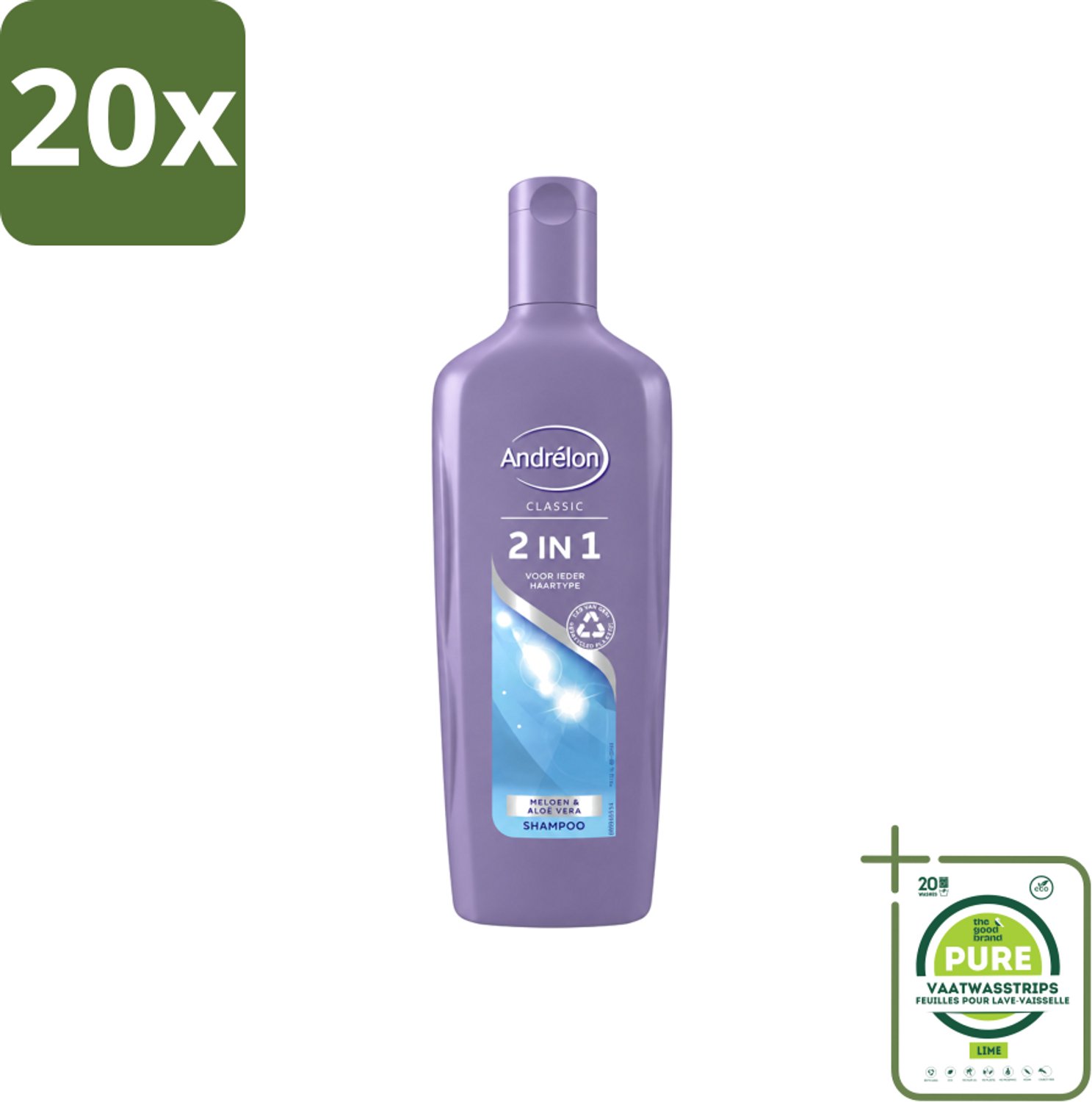 20 x Andrélon - 2-in-1 - Shampoo - Voor Snel & Effectief Wassen - 300 ml - Grootverpakking - Vaatwasstrips - 2-in-1 Shampoo En Conditioner - Snel Wassen - Haar Verzorgen - Meloen En Aloë Vera - Hydraat