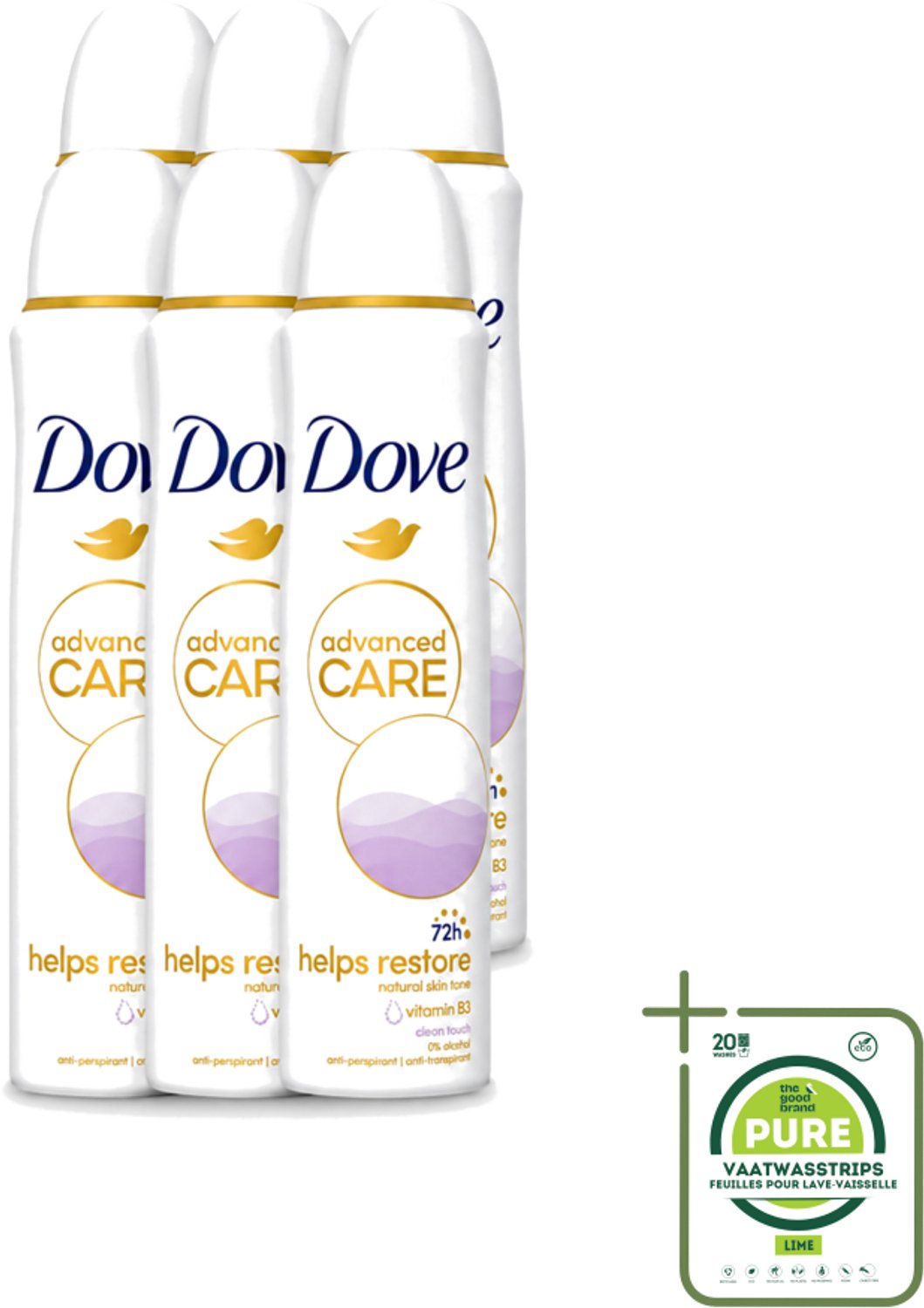 6 x Dove - Deodorant - Spray Clean Touch - Zachte geur en verzorging - 150 ml - Grootverpakking - Vaatwasstrips - Dove Deodorant Spray - Fris - Schoon - Comfortabel - Anti-transpirant