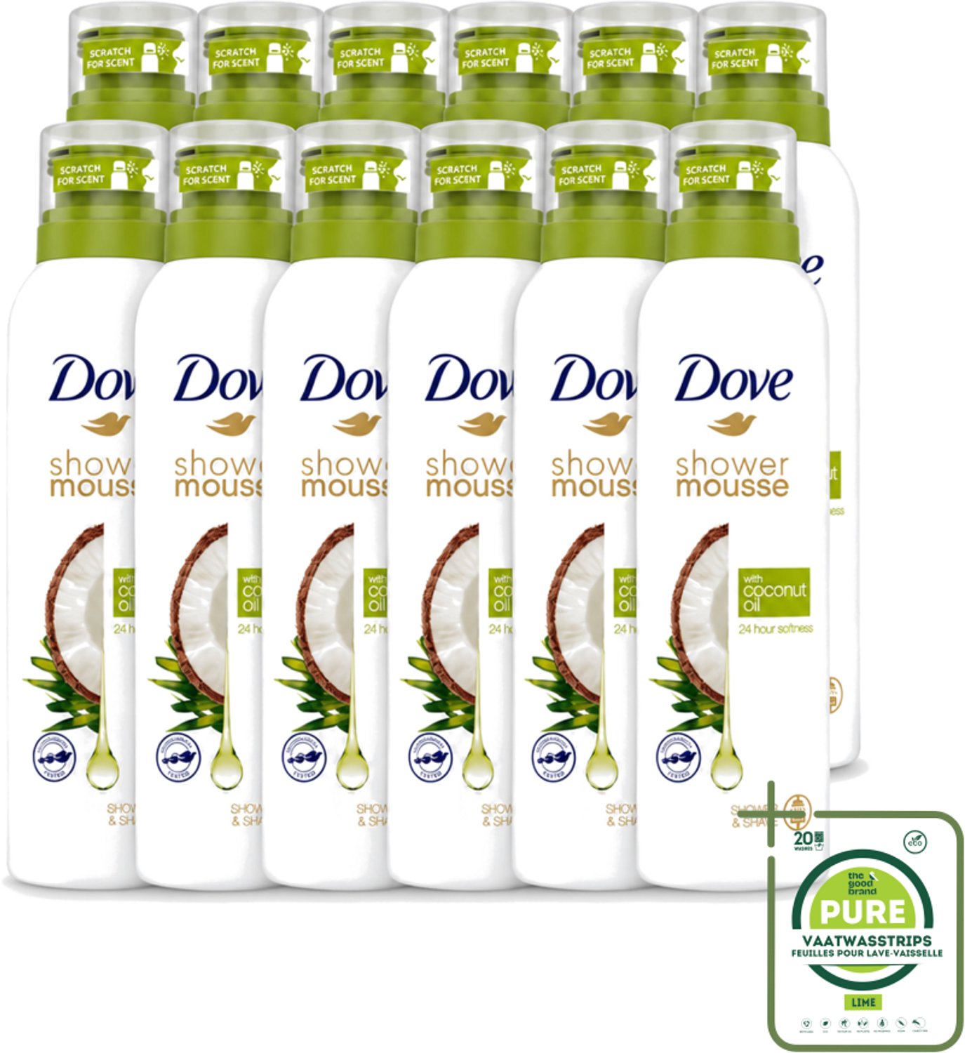 12 x Dove - Douchemousse - Coconut Oil - Voedend en verzorgend - 200 ml - Grootverpakking - Vaatwasstrips - Douche Mousse - Kokosolie - Huid Verzorging - Scheren - Schuim