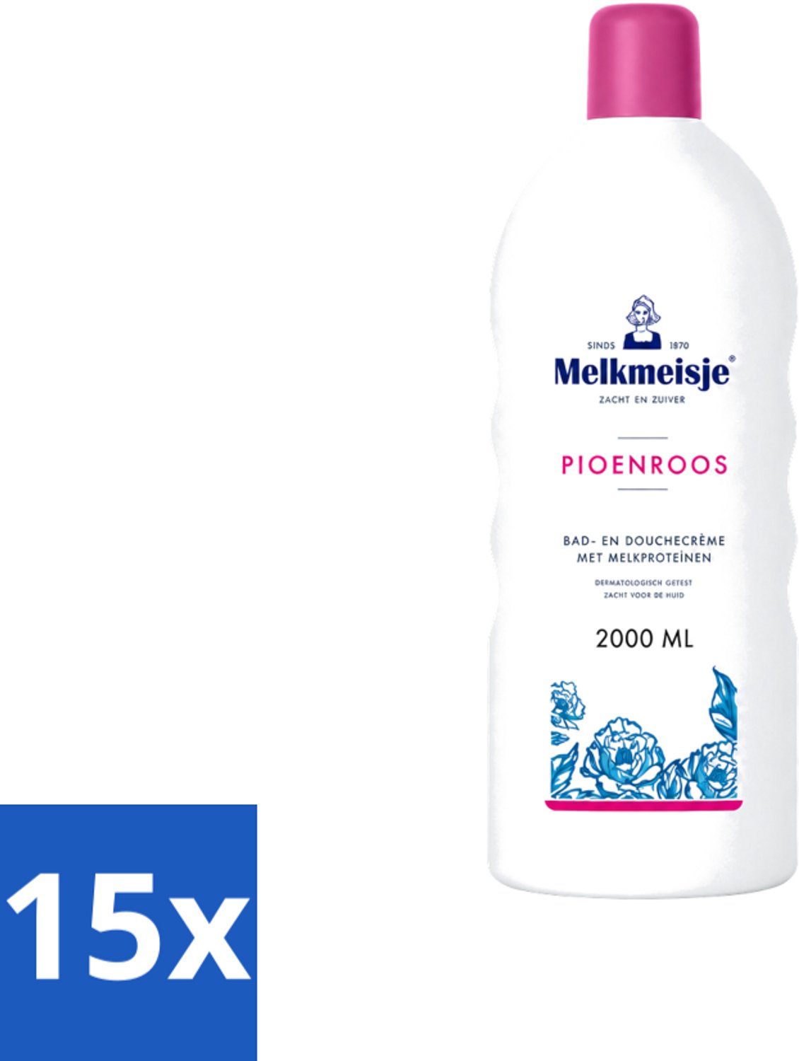 15 x Melkmeisje - Bad & Douche - Pioenroos Geur - Verzorgend & Hydraterend - 2000 ml - Voordeelverpakking - 15 stuks