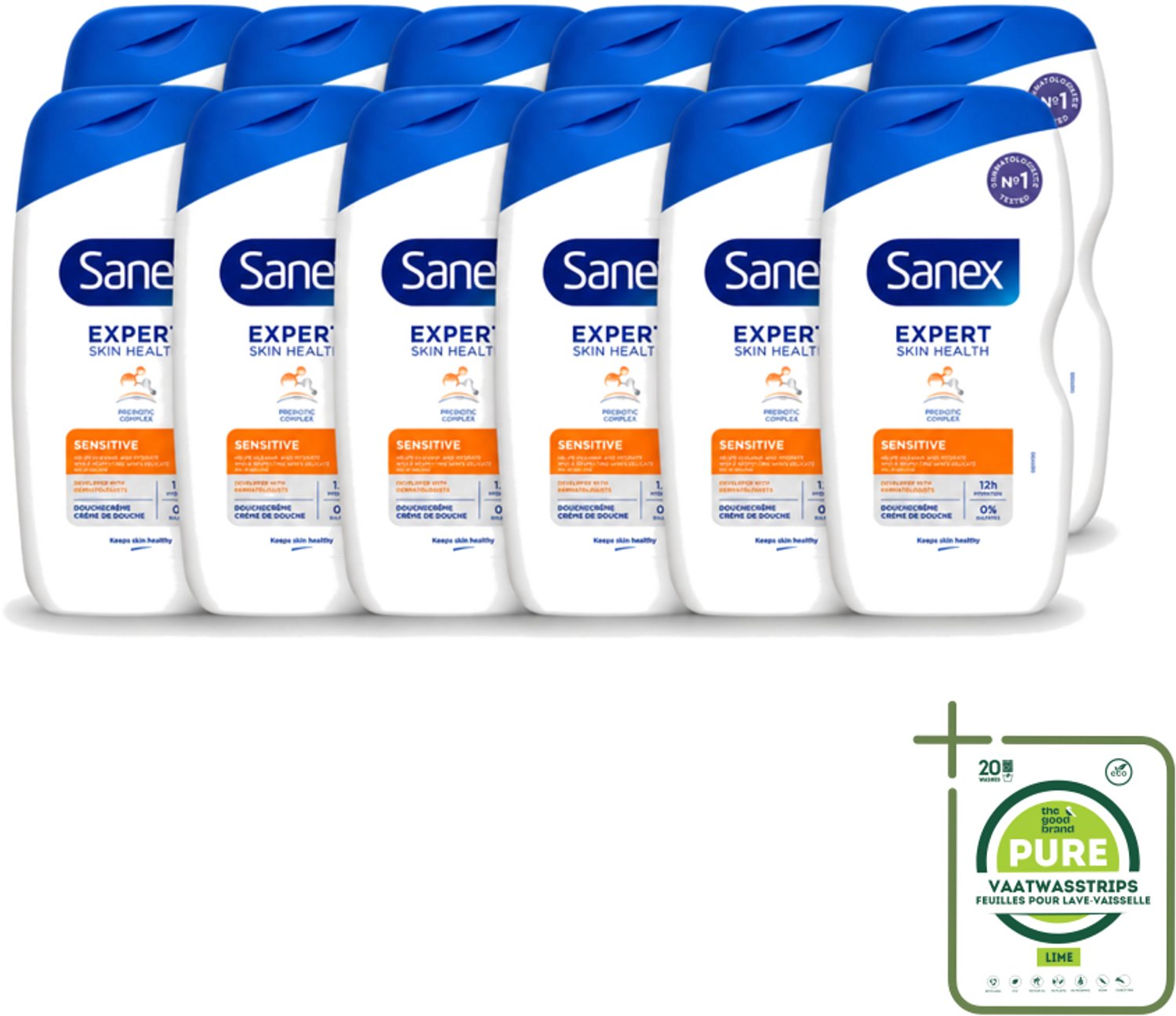 12 x Sanex - Douchegel - Expert Skin Health Sensitive - Voor Gevoelige Huid - 400 ml - Grootverpakking - Vaatwasstrips - Gevoelige Huid - Douchegel - Huidverzorging - Hydraatatie - Kalmering