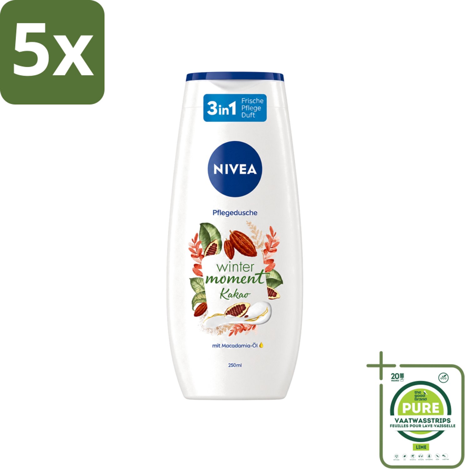 5 x Nivea - Douchegel - Winter Moment Cacao - 250 ml - Grootverpakking - Vaatwasstrips - Douchegel Winter - Verzorgende Douchegel - Cacao Douchegel - Huid Verzorging - Winter Douchegel