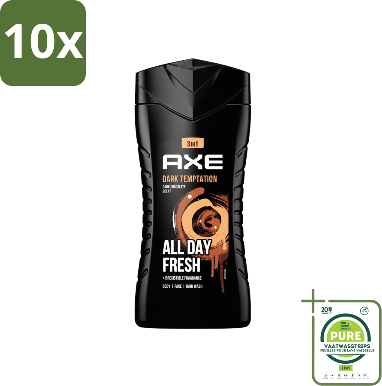 10 x Axe - 3-in-1 Douchegel - Dark Temptation - Dark Chocolate - 250 ml - Grootverpakking - Vaatwasstrips - Douchegel - Chocolade - 3-in-1 - Lichaam - Gezicht