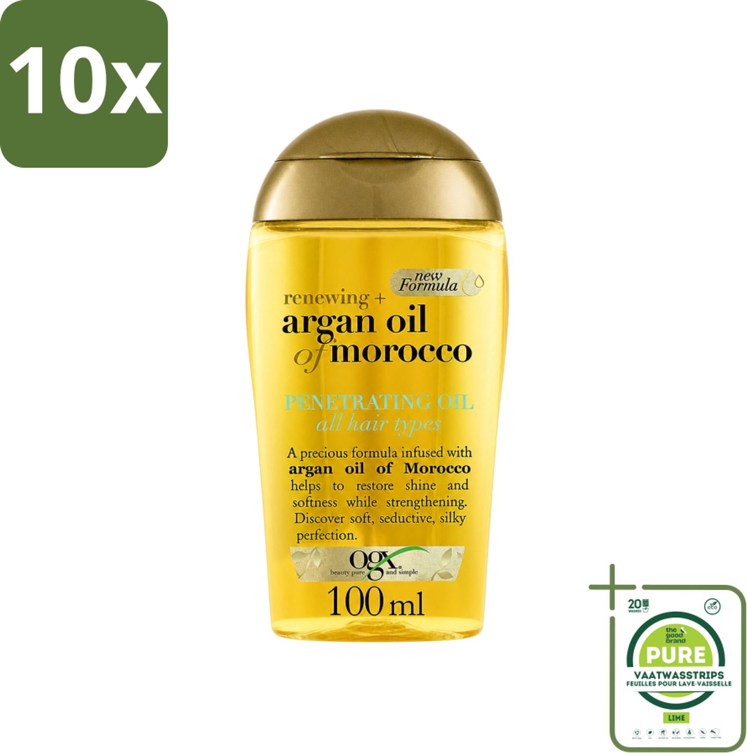 10 x OGX - Argan Oil of Morocco - Haarolie - Penetrating Oil - Intensief Herstel - 100 ml - Grootverpakking - Vaatwasstrips - Haarolie - Arganolie - Haarherstel - Pluiscontrole - Haarverzorging