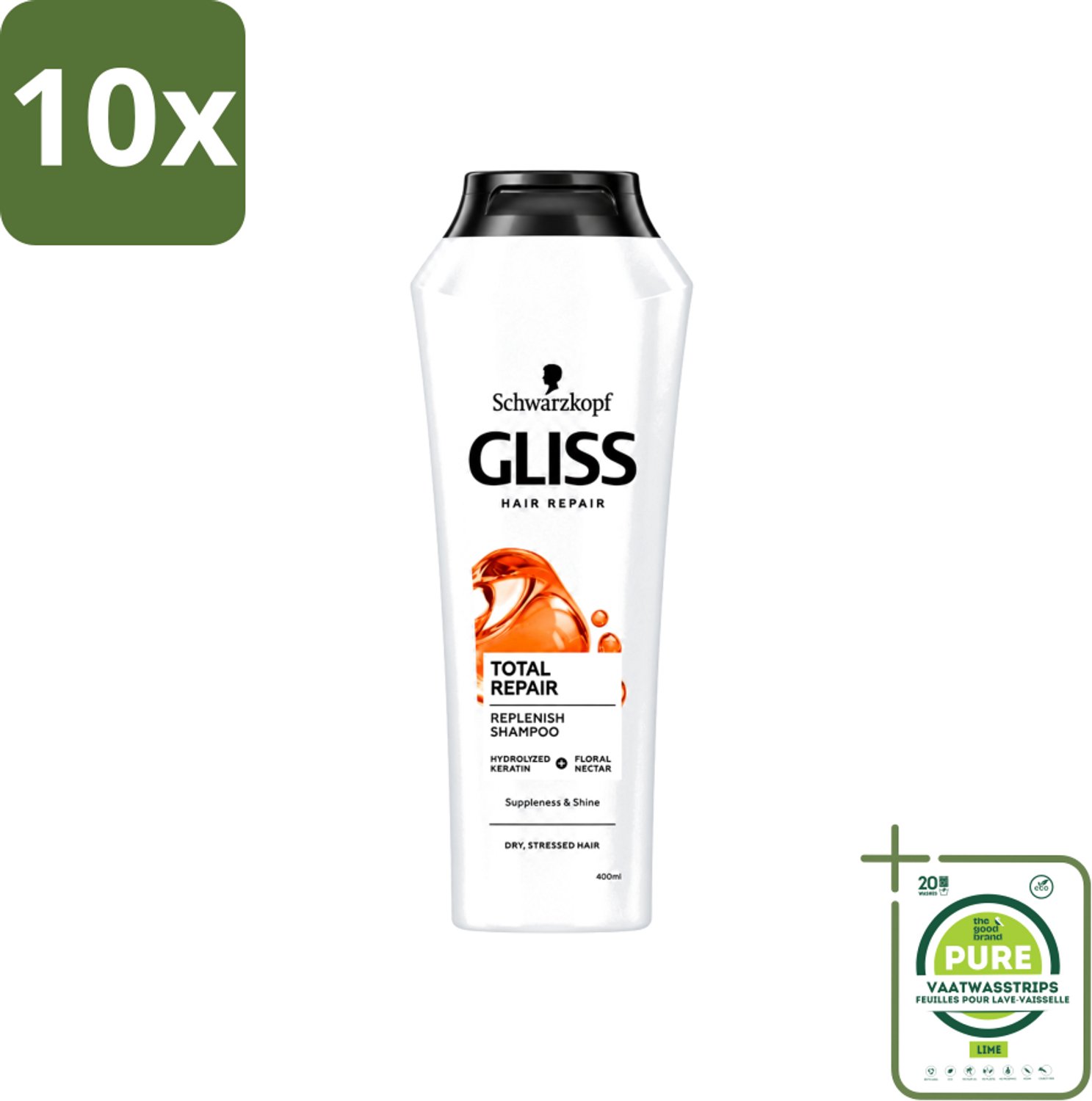 10 x Gliss-Kur - Shampoo - Total Repair - Herstelt & Versterkt - Gehydroliseerd - 400 ml - Grootverpakking - Vaatwasstrips - Haar Herstellen - Haar Versterken - Haar Verzorgen - Haar Hydrateren - Haar Beschermen