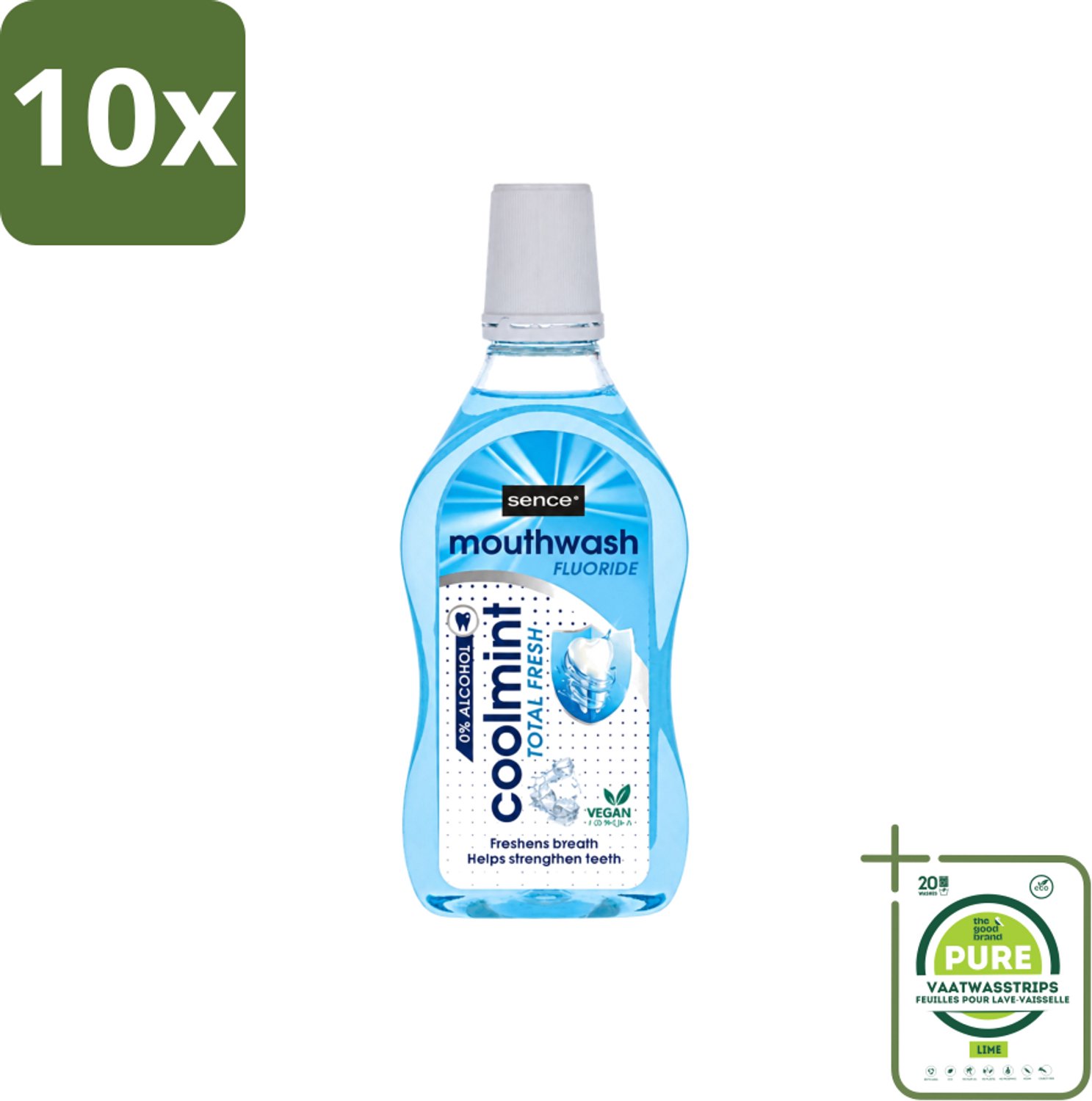 10 x Sence - Fresh Coolmint - Mondwater - Verfrissend - 500 ml - Grootverpakking - Vaatwasstrips - Mondwater - Frisse Adem - Koele Mint - Fluoride - Mondhygiëne