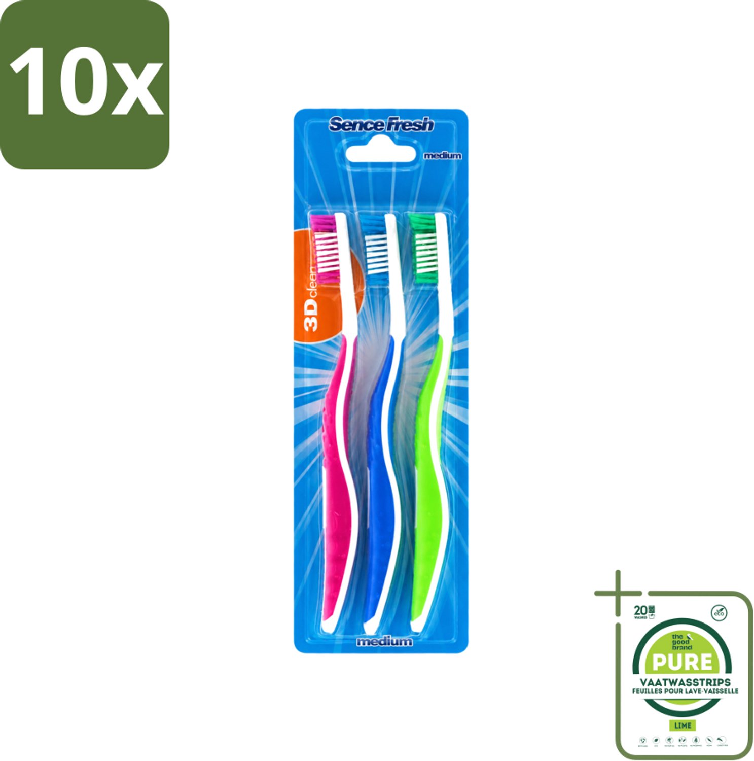 10 x Sence - Fresh 3D-Extra Clean - Tandenborstels - Medium - 3 Tandenborstels - Grootverpakking - Vaatwasstrips - Tandenborstel - Tandenborstels - Tandenborstel 3d - Tandenborstel Extra Clean - Tandenborstel Medium