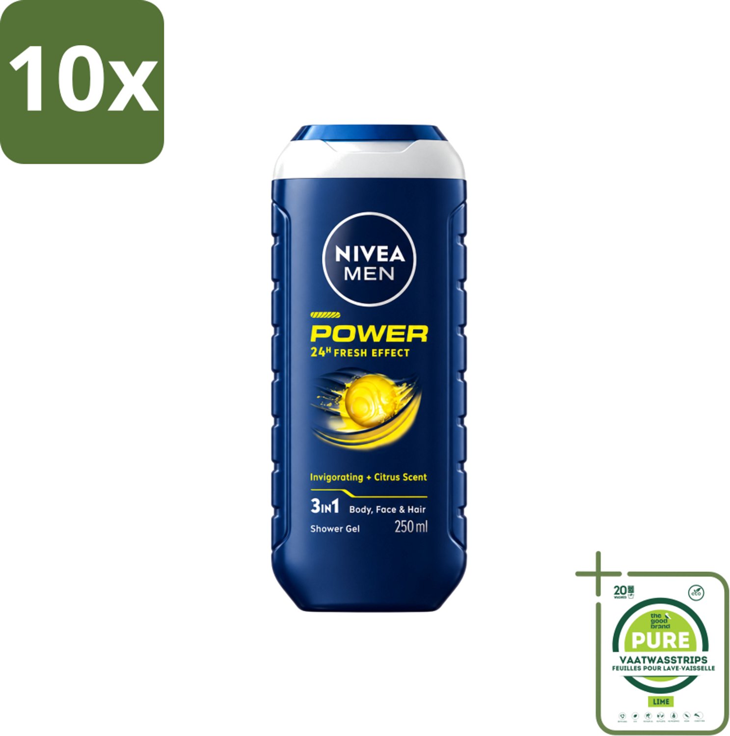 10 x Nivea - Men - Douchegel - Power Refresh - 250 ml - Grootverpakking - Vaatwasstrips - Douchegel Voor Mannen - 3-in-1 Douchegel - Verfrissende Geur - PH-huidneutraal - Gezicht En Haar Verzorging