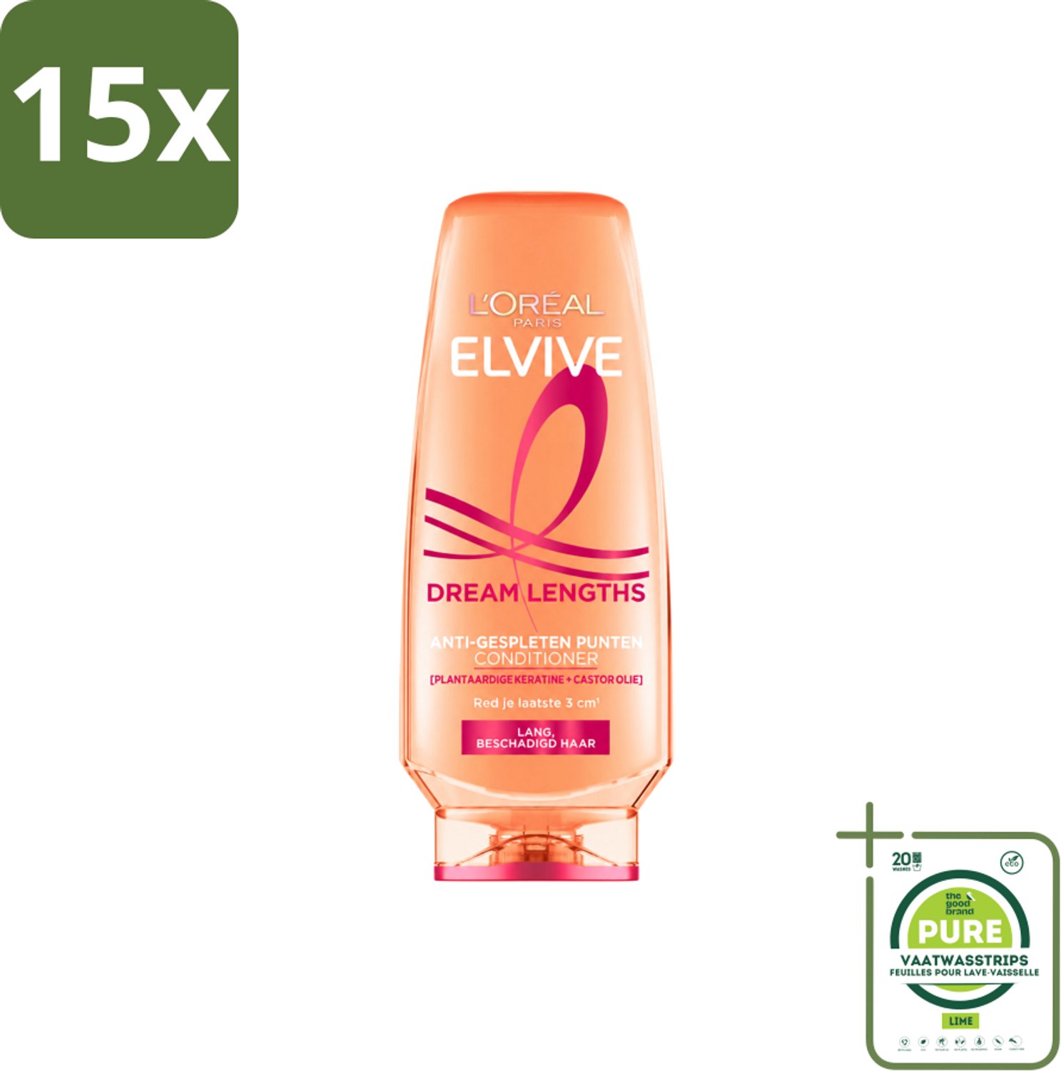 15 x L'Oréal Paris Elvive Dream Lengths - Conditioner - 250 ml - Grootverpakking - Vaatwasstrips - Lang Haar - Beschadigd Haar - Haar Herstellen - Haar Verzorgen - Haar Voeden