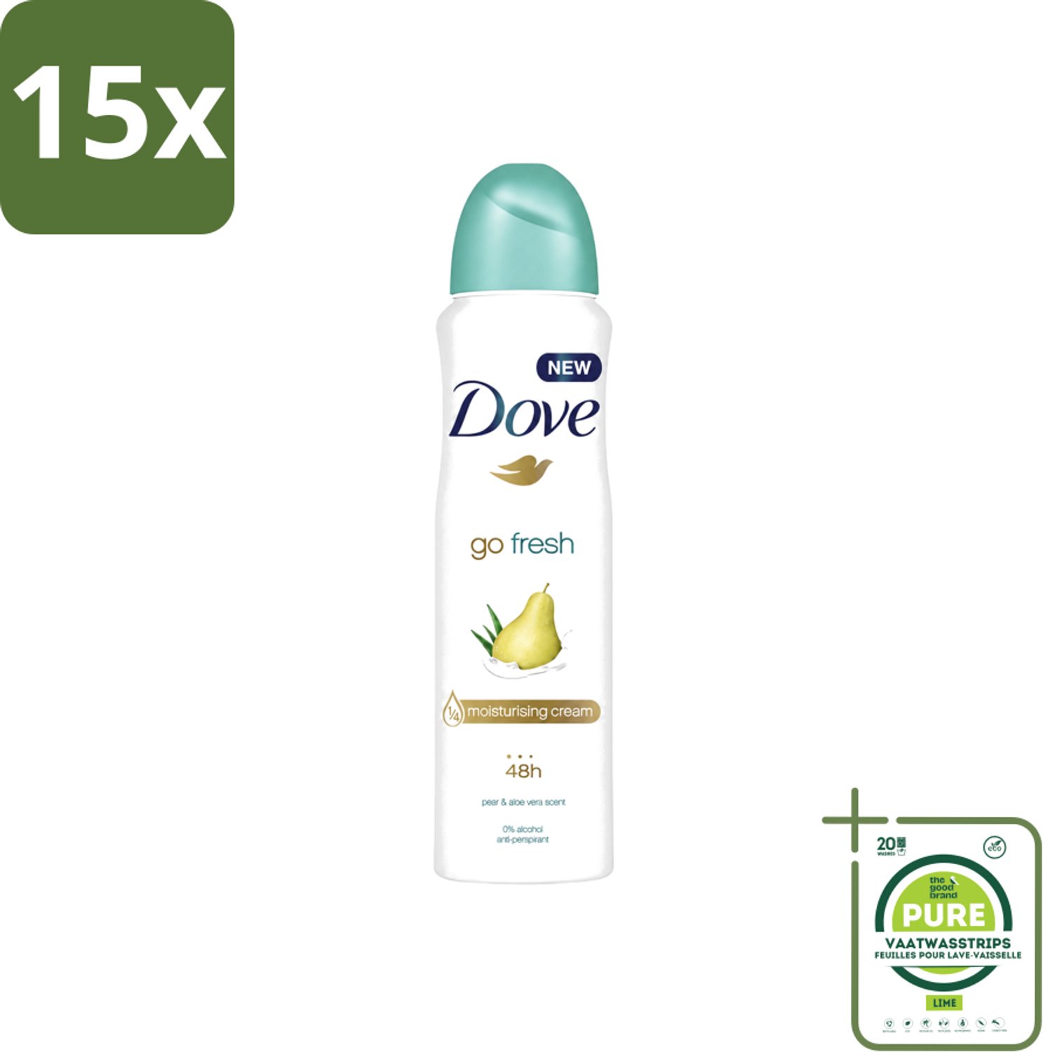 15 x Dove - Deodorant - Spray Go Fresh Pear & Aloe - Frisse en verzorgende geur - 250 ml - Grootverpakking - Vaatwasstrips - Dove Deodorant Spray - Go Fresh Pear - Aloe Vera - Frisheid - Okselverzorging